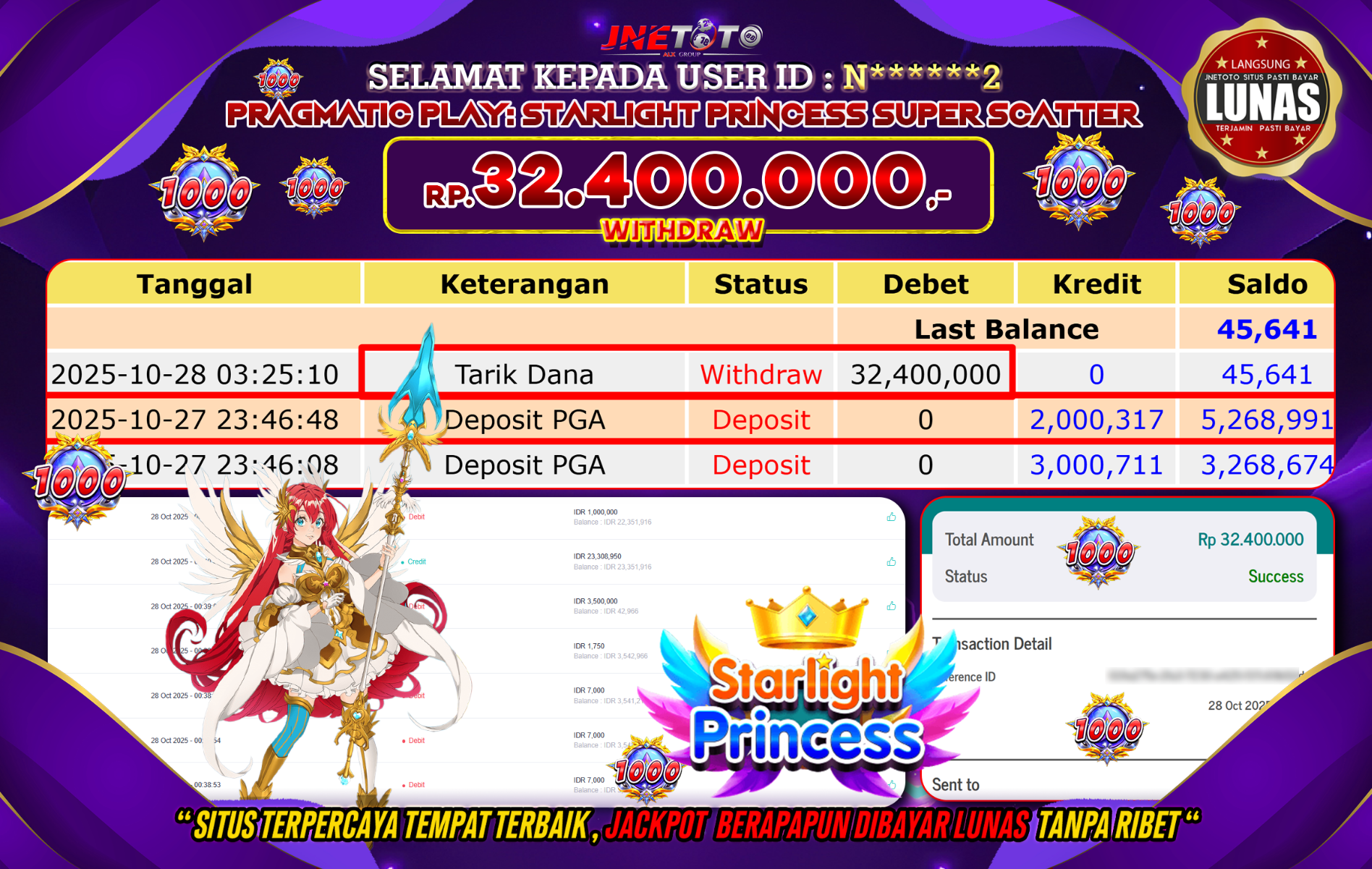 Bukti Jackpot JNETOTO di PRAGMATIC PLAY : Starlight Princess Super Scatter Rp,32.400.000 LUNAS!