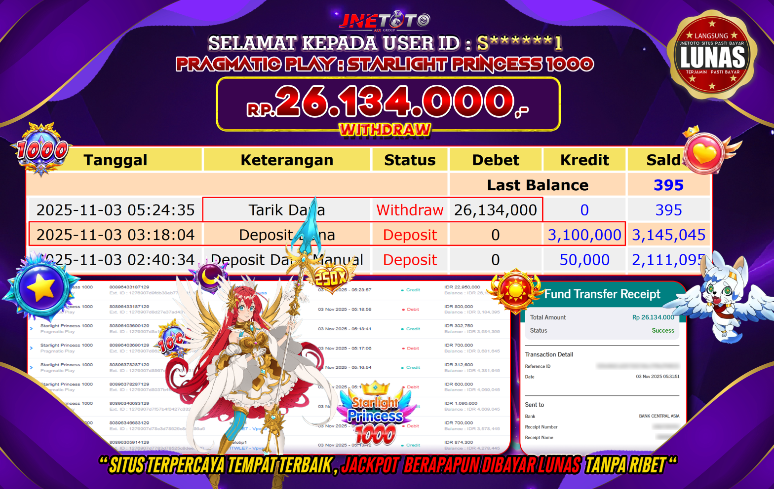 Bukti Jackpot JNETOTO di PRAGMATIC PLAY : Starlight Prinscess 1000 Rp,26.134.000 LUNAS!