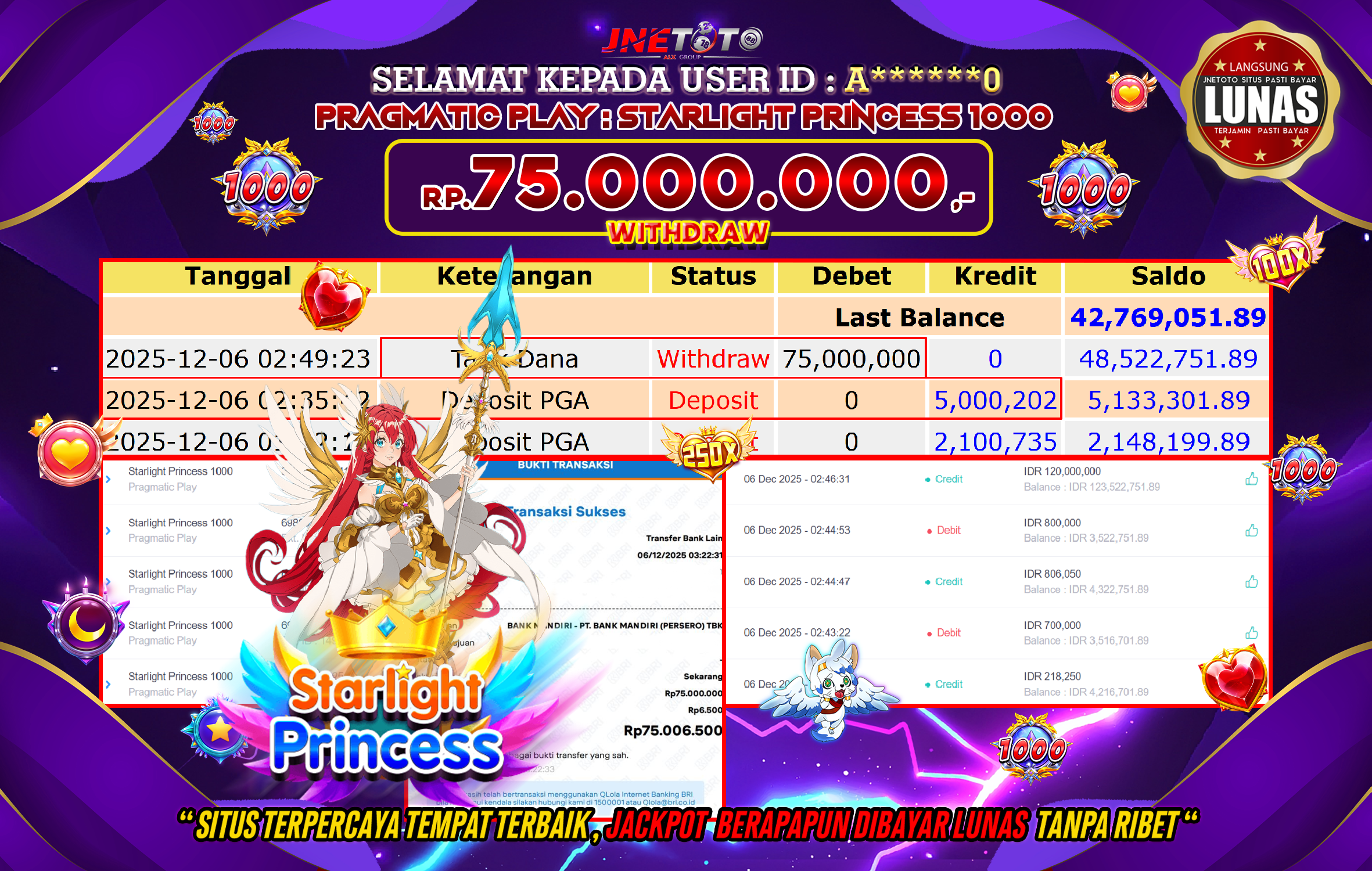 Bukti Jackpot JNETOTO di PRAGMATIC PLAY : Starlight Princess 1000 Rp,75.000.000 LUNAS!