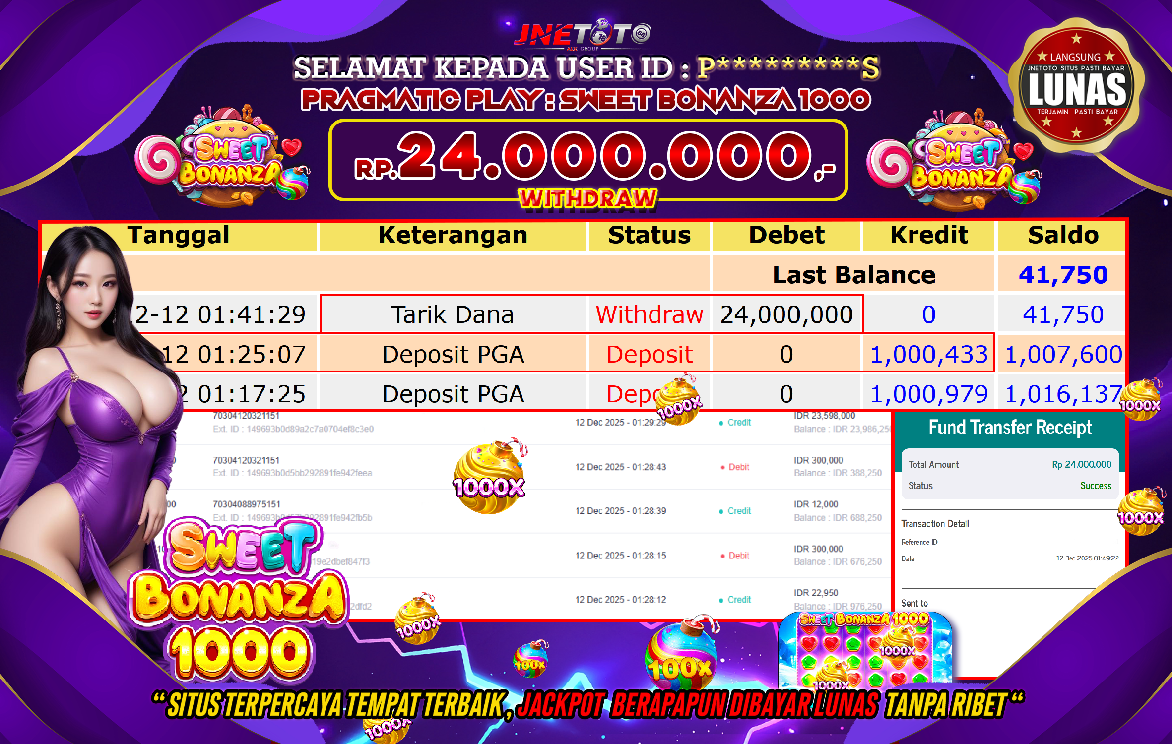 Bukti Jackpot JNETOTO di PRAGMATIC PLAY : Sweet Bonanza 1000 Rp,24.000.000 LUNAS!