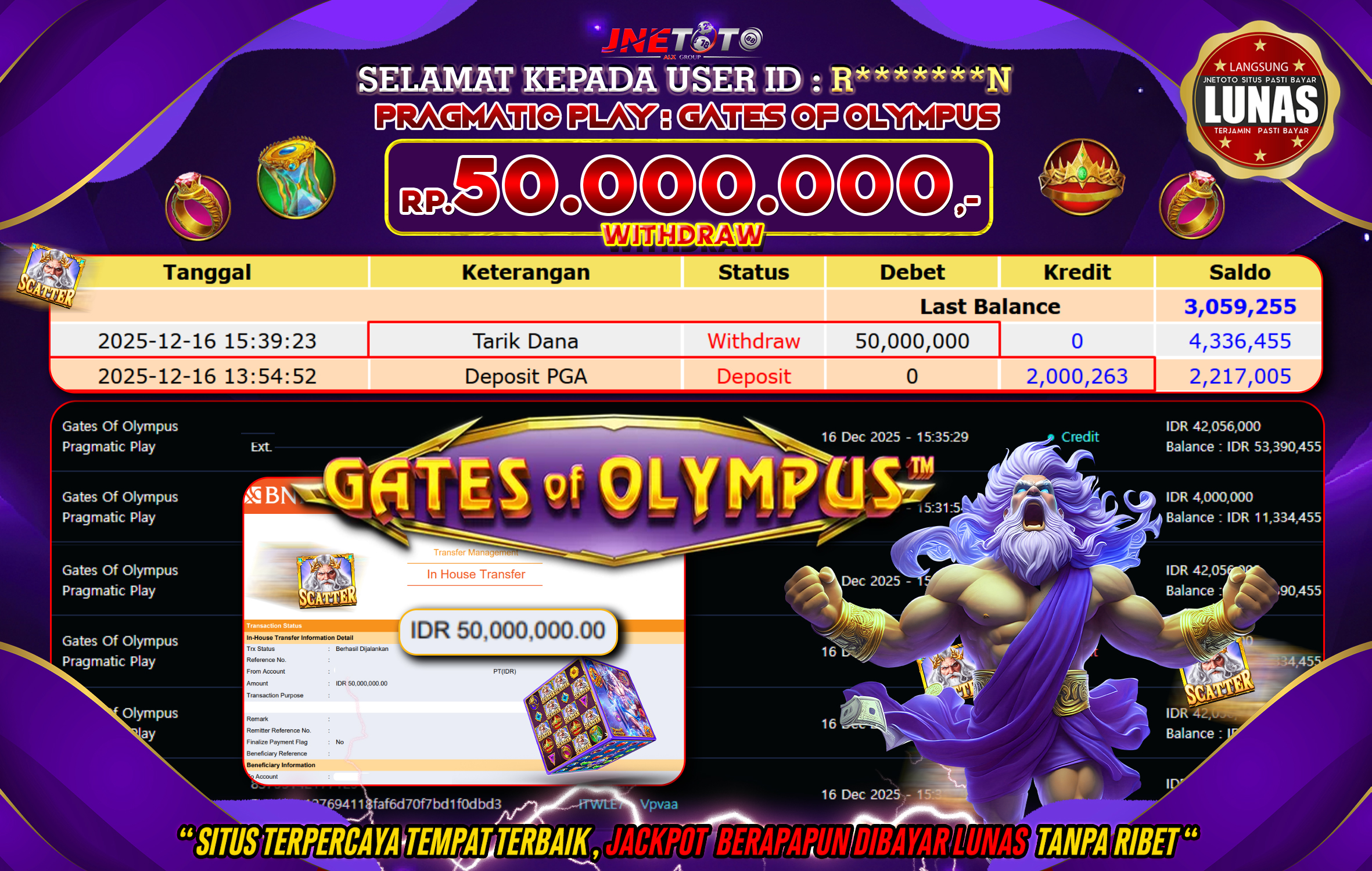 Bukti Jackpot JNETOTO di PRAGMATIC PLAY : Gates Of Olympus Rp,50.000.000 LUNAS!