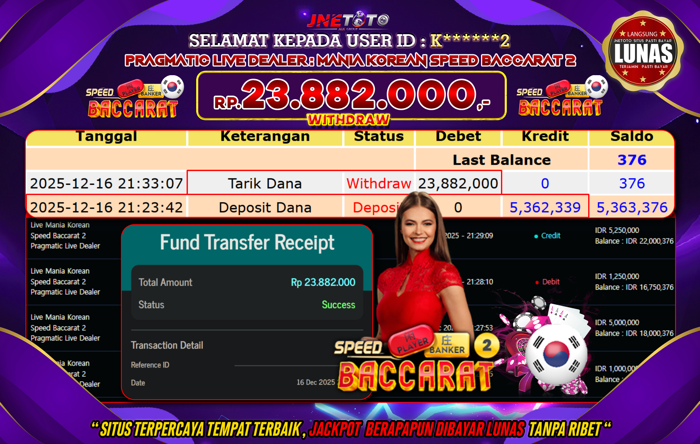 Bukti Jackpot JNETOTO di PRAGMATIC LIVE DEALER : Mania Korean Speed Baccarat 2 Rp,23.882.000 LUNAS!