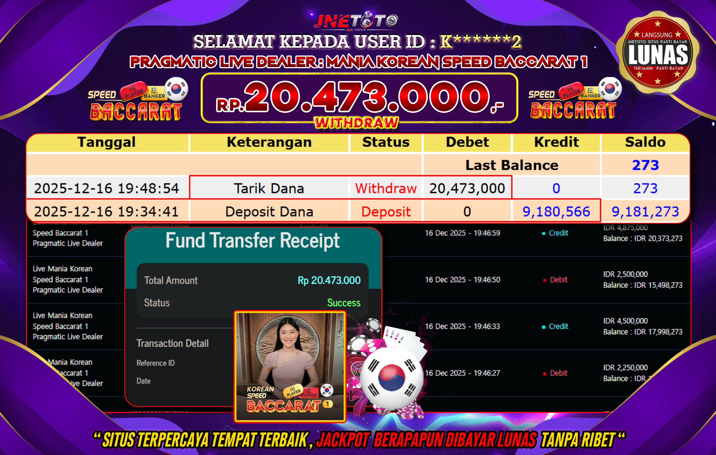 Bukti Jackpot JNETOTO di PRAGMATIC LIVE DEALER : Mania Korean Speed Baccarat 2 Rp,20.473.000 LUNAS!