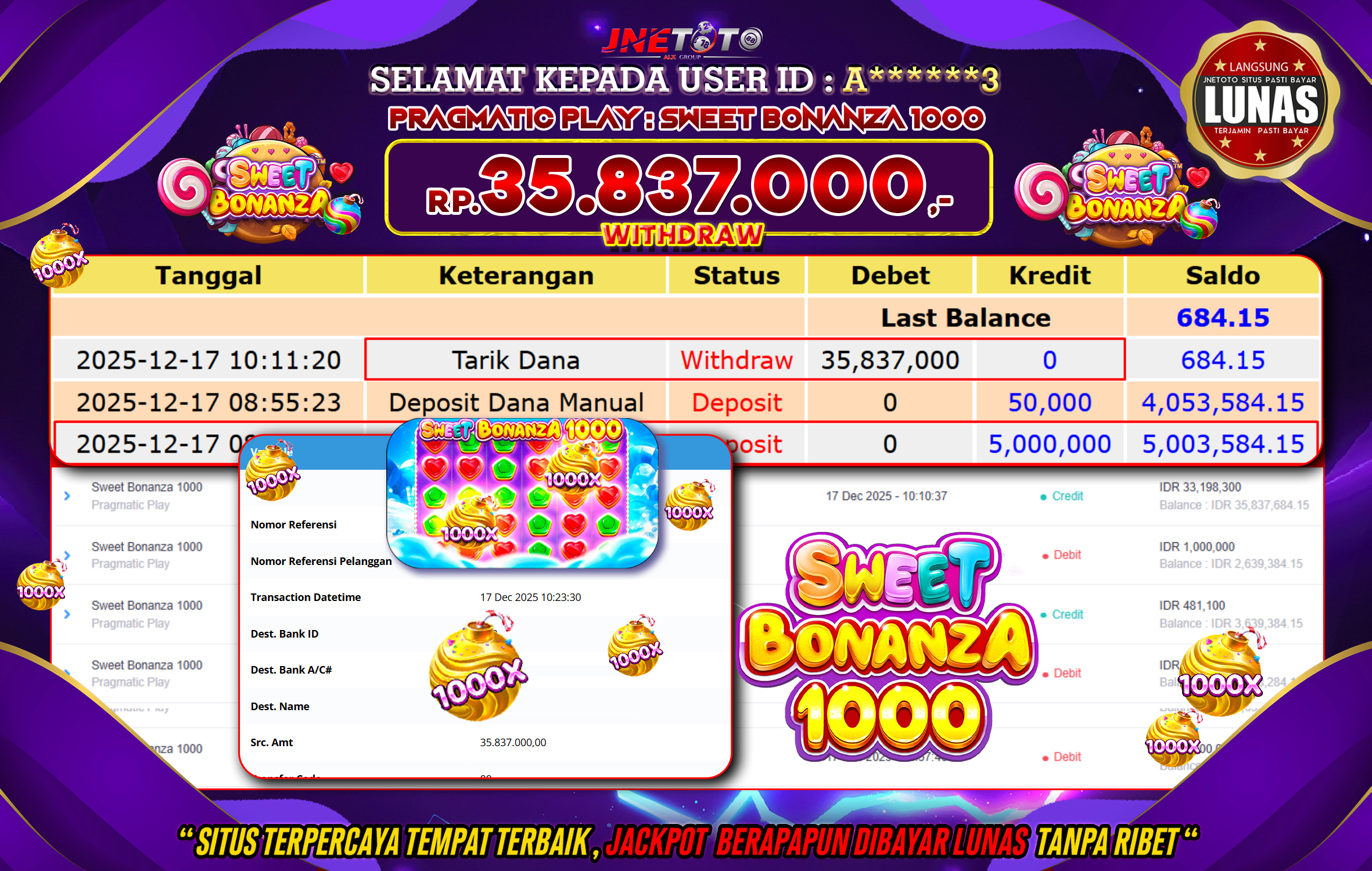 Bukti Jackpot JNETOTO di PRAGMATIC PLAY : Sweet Bonanza 1000 Rp,35.837.000 LUNAS!
