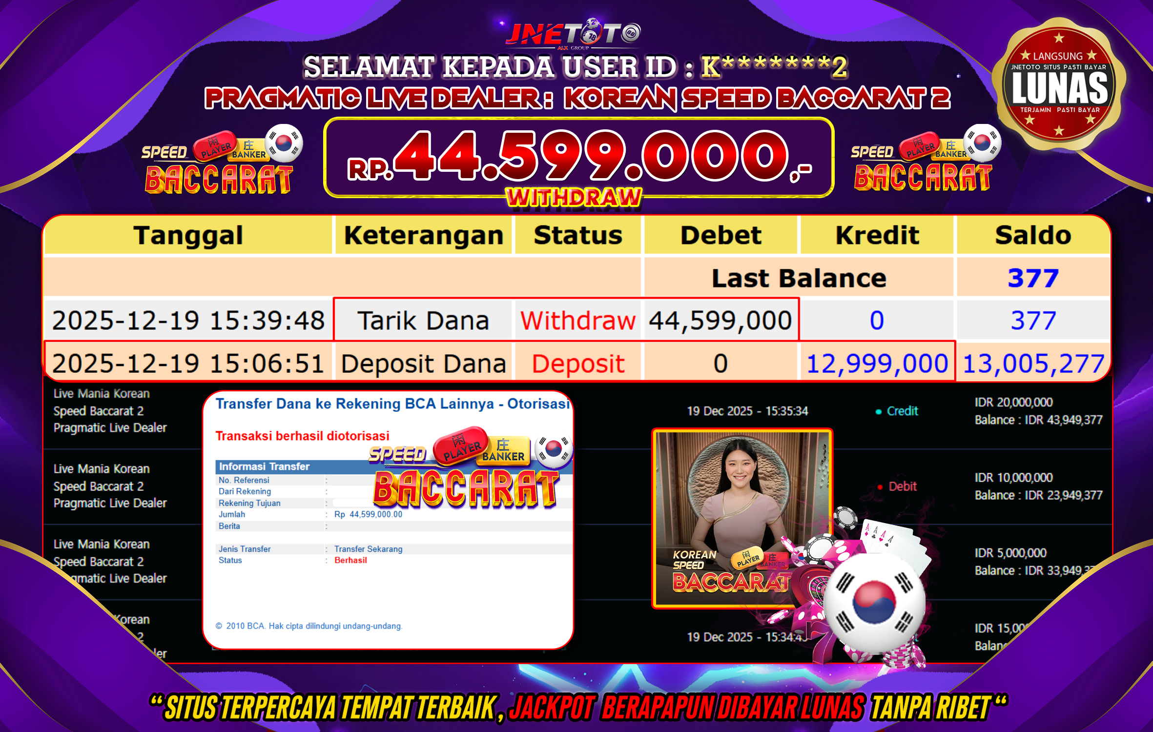 Bukti Jackpot JNETOTO di PRAGMATIC LIVE DEALER : Korean Speed Baccarat 2 Rp,44.599.000 LUNAS!