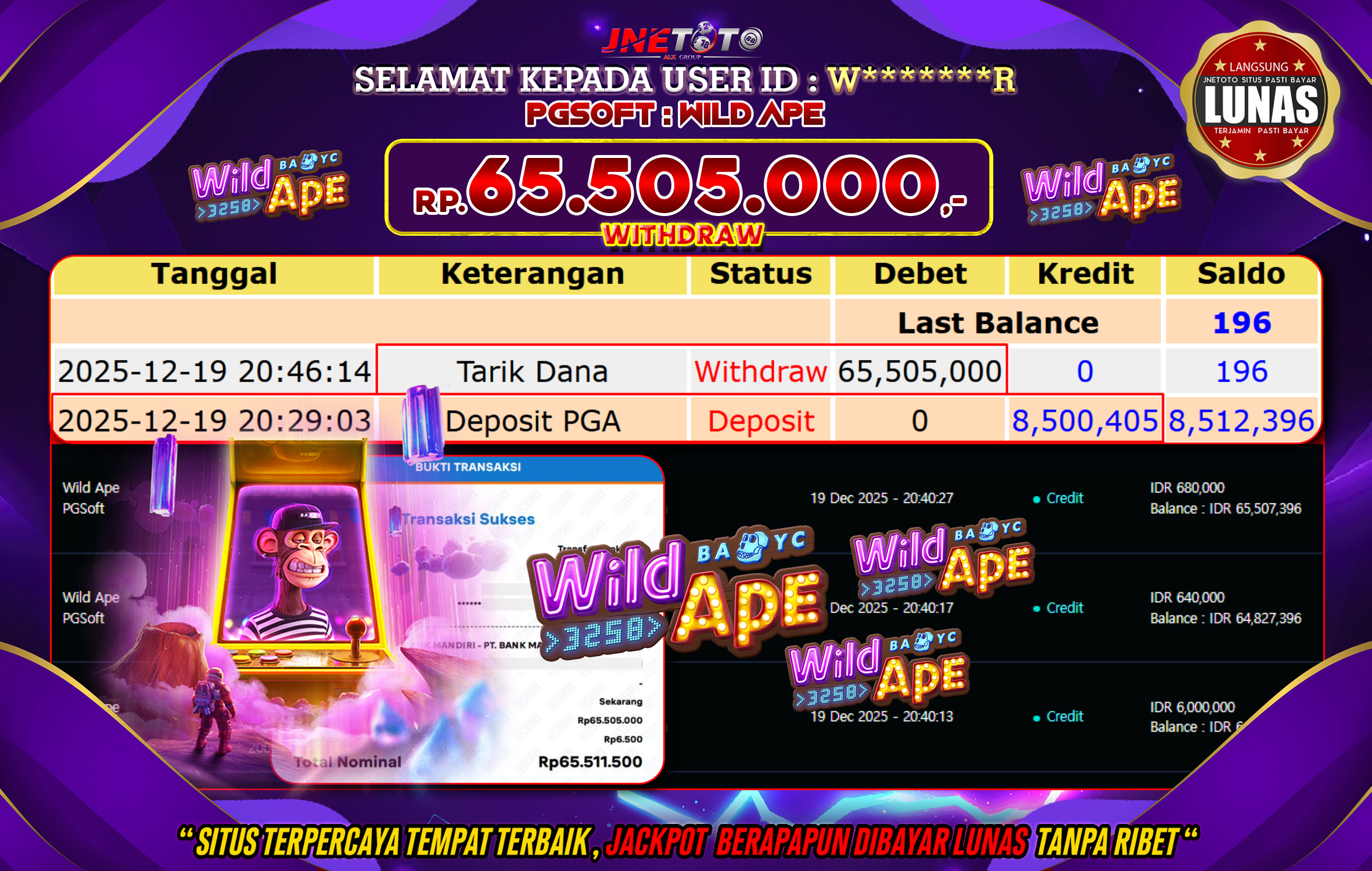 Bukti Jackpot JNETOTO di PGSOFT : Wild Ape Rp,65.505.000 LUNAS!