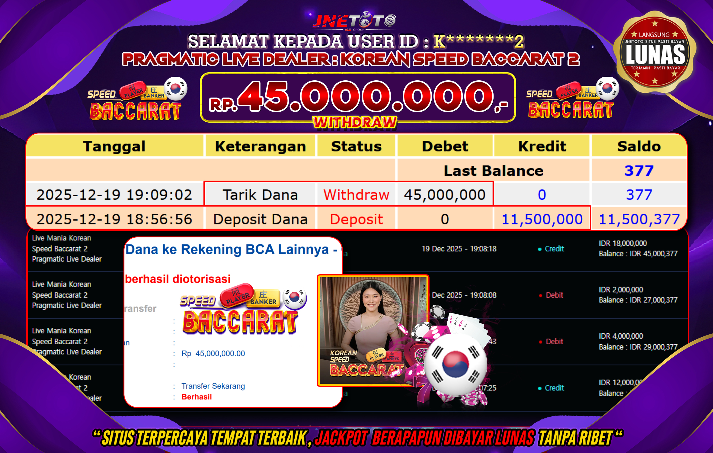 Bukti Jackpot JNETOTO di PRAGMATIC LIVE DEALER : Korean Speed Baccarat 2 Rp,45.000.000 LUNAS!