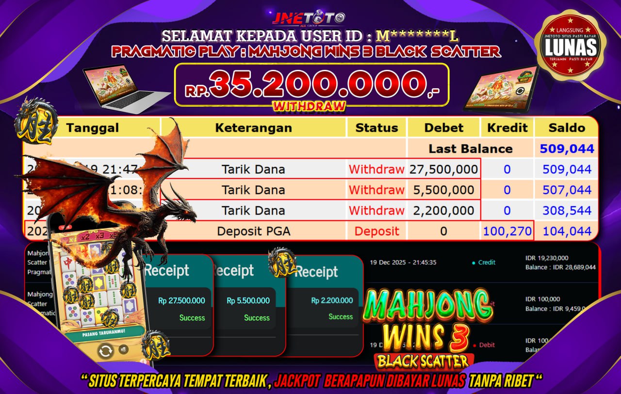 Bukti Jackpot JNETOTO di PRAGMATIC PLAY : Mahjong Wins 3 Balck Scatter Rp,35.200.000 LUNAS!