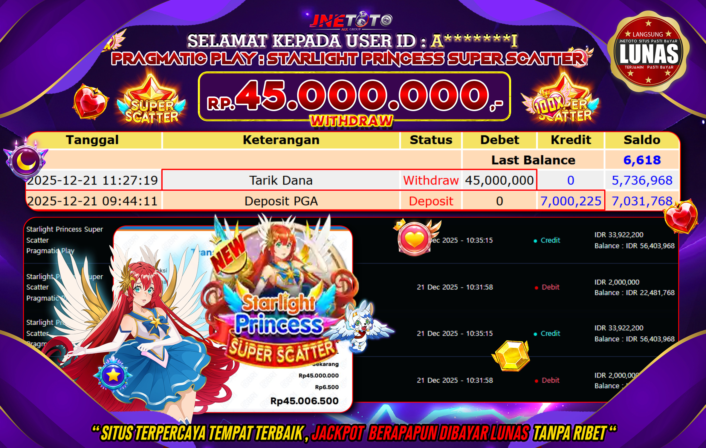 Bukti Jackpot JNETOTO di PRAGMATIC PLAY : Starlight Princess Super Scatter Rp,45.000.000 LUNAS!