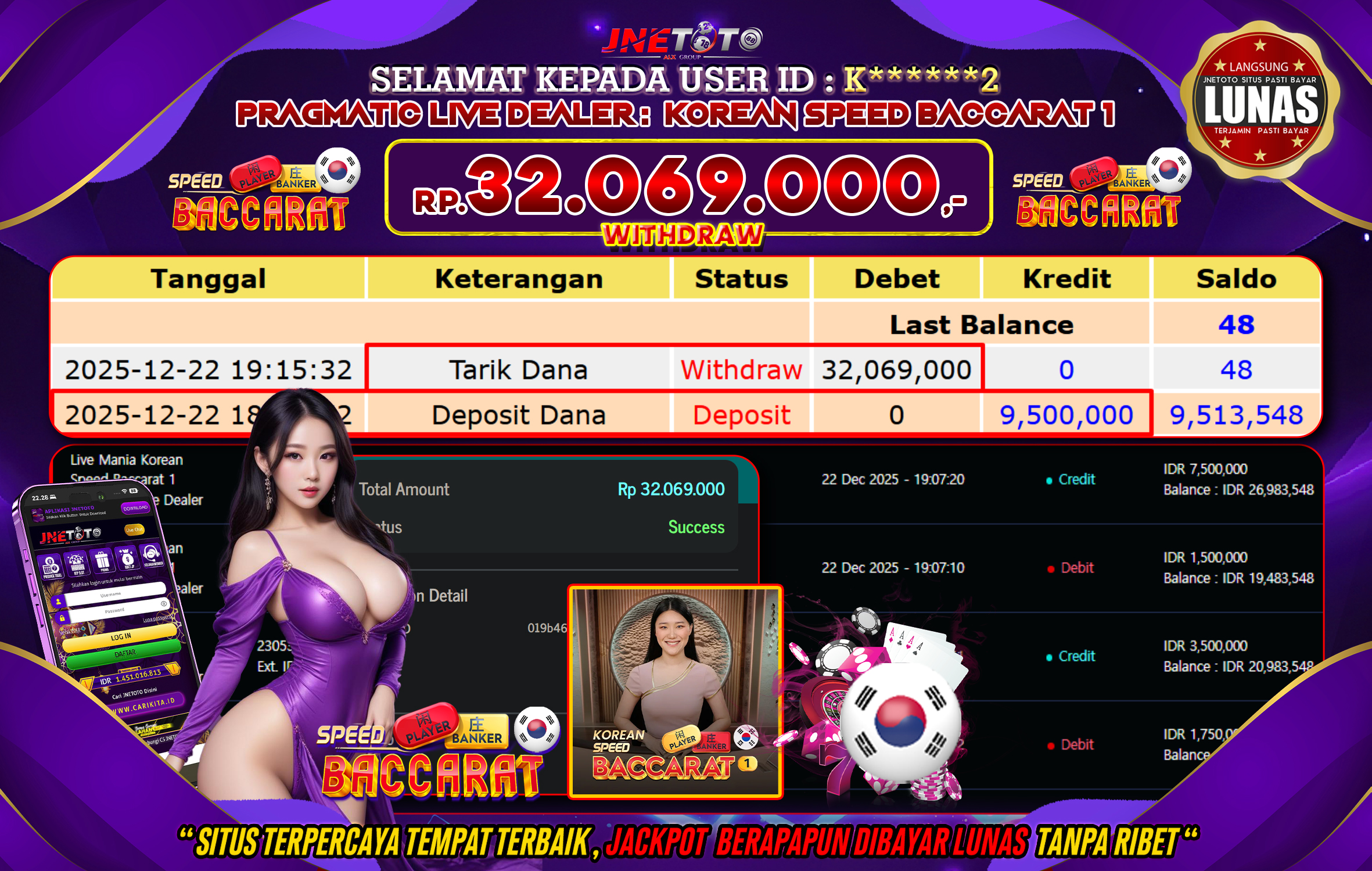 Bukti Jackpot JNETOTO di PRAGMATIC LIVE DEALER : Korean Speed Baccarat 1 Rp,32.069.000 LUNAS!