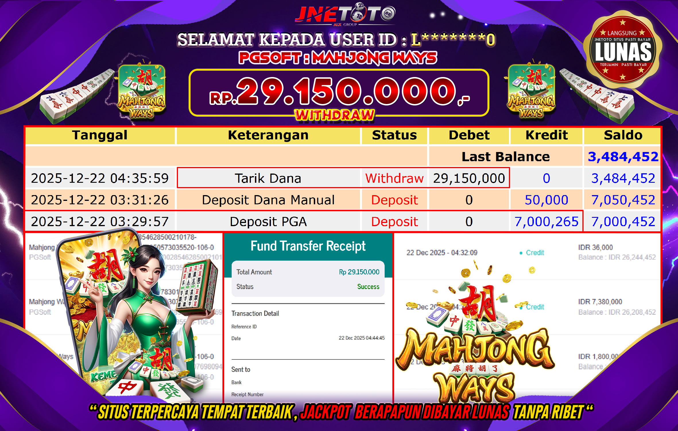 Bukti Jackpot JNETOTO di PGSOFT : Mahjong Ways Rp,29.150.000 LUNAS!