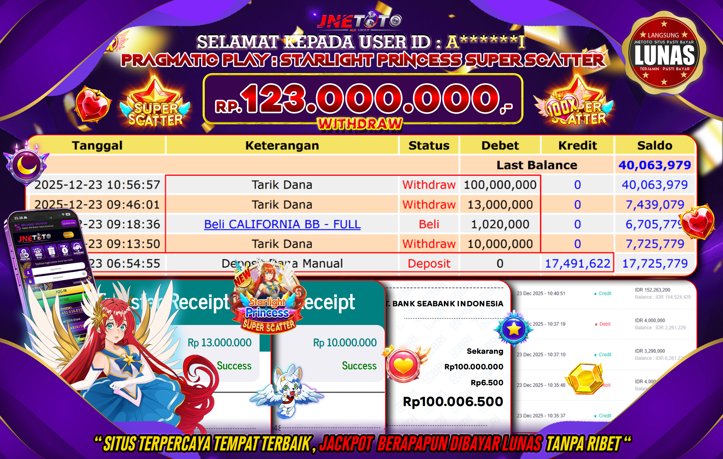 Bukti Jackpot JNETOTO di PRAGMATIC PLAY : Starlight Princess Super Scatter Rp,123.000.000 LUNAS!