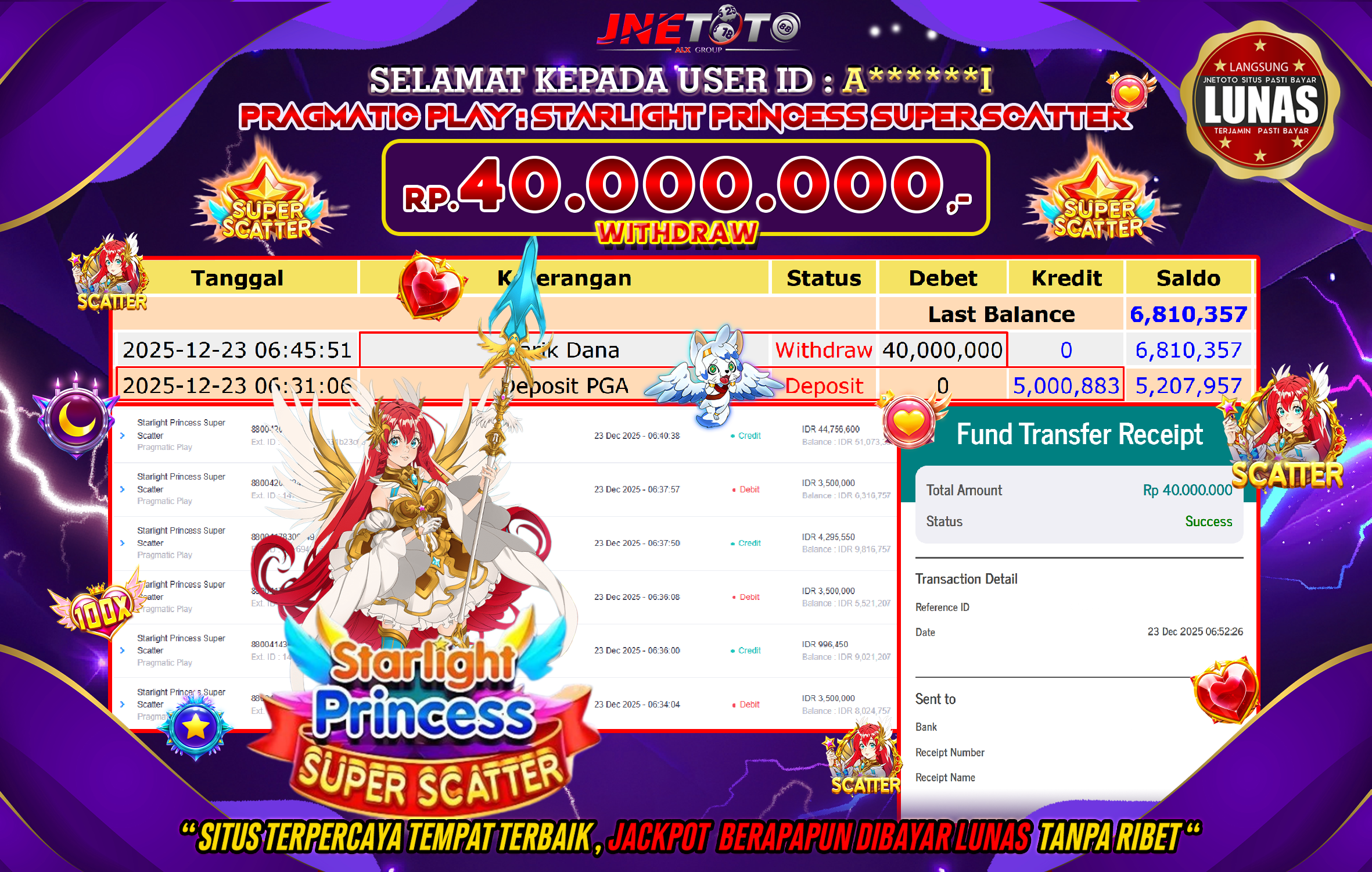 Bukti Jackpot JNETOTO di PRAGMATIC PLAY : Starlight Princess Super Scatter Rp,40.000.000 LUNAS!