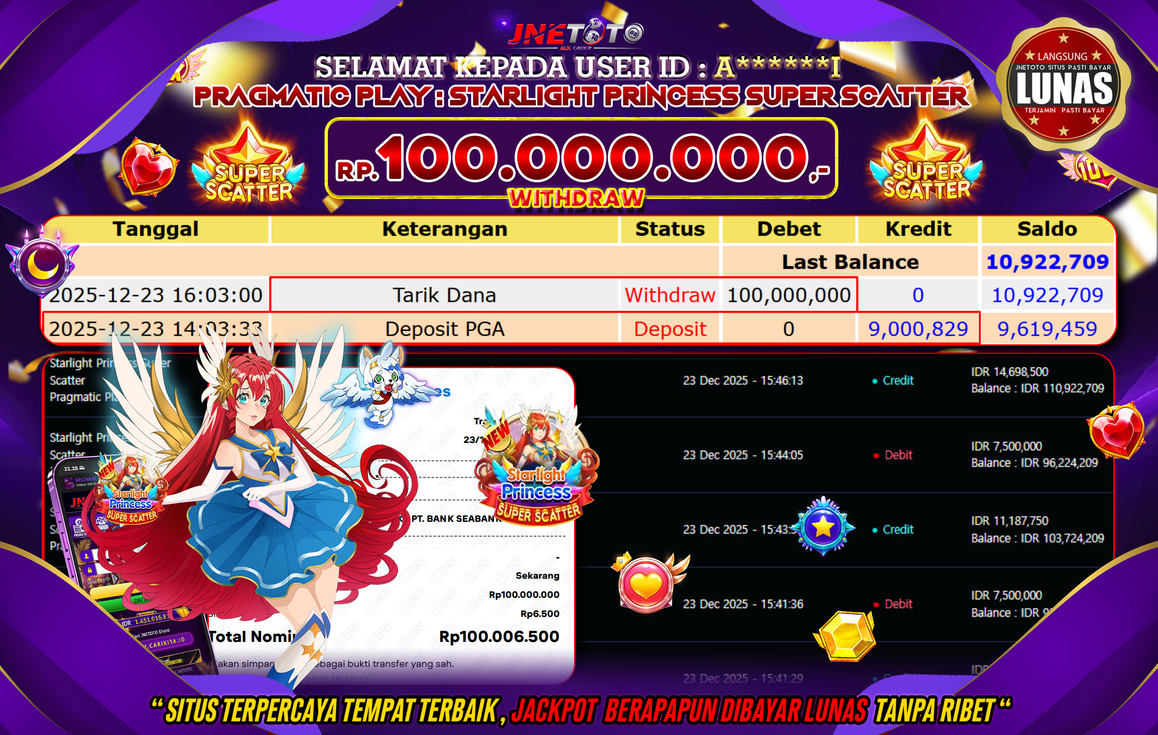 Bukti Jackpot JNETOTO di PRAGMATIC PLAY : Starlight Princess Super Scatter Rp,100.000.000 LUNAS!