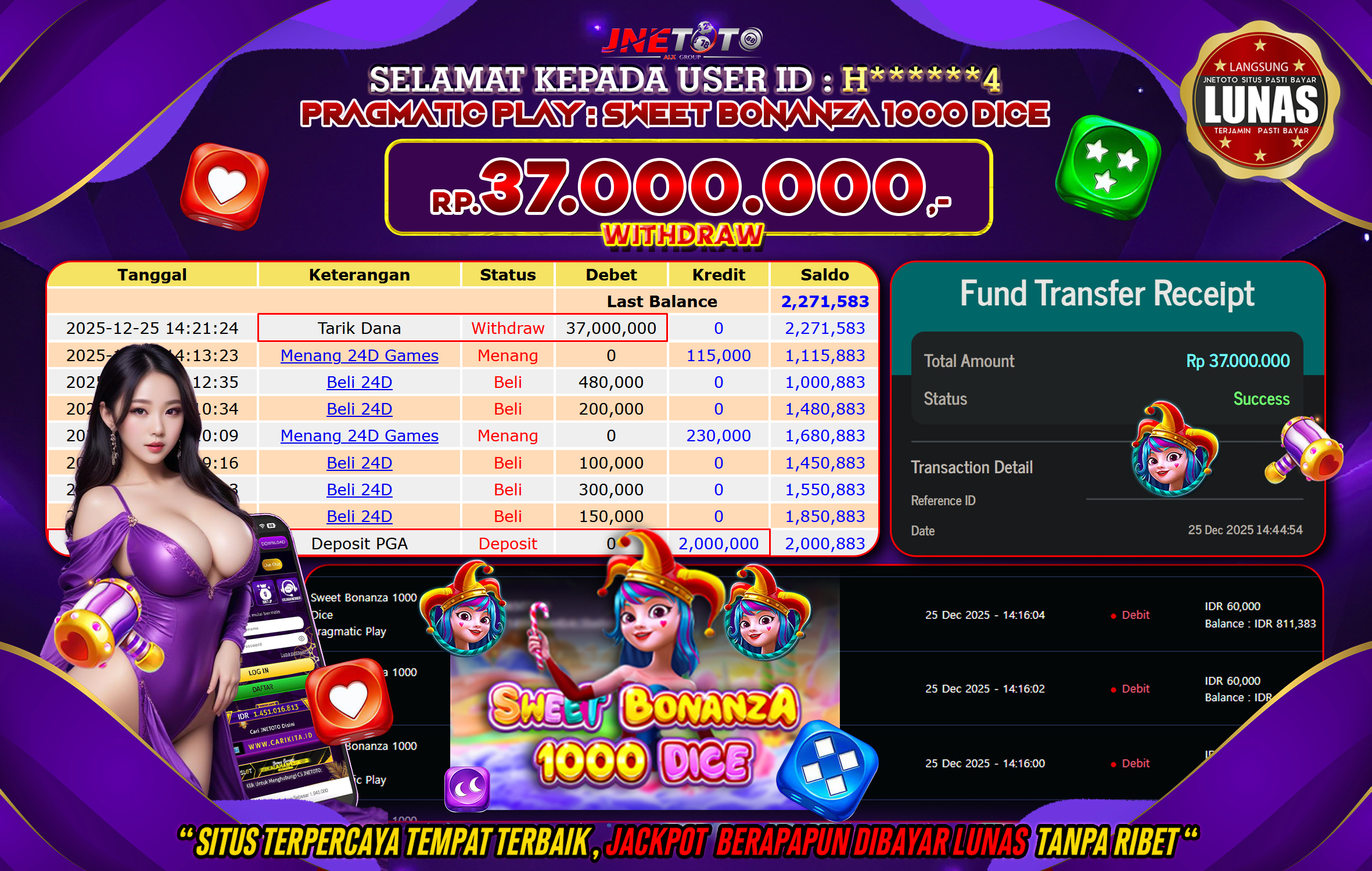 Bukti Jackpot JNETOTO di PRAGMATIC PLAY : Sweet Bonanza 1000 Rp,37.000.000 LUNAS!