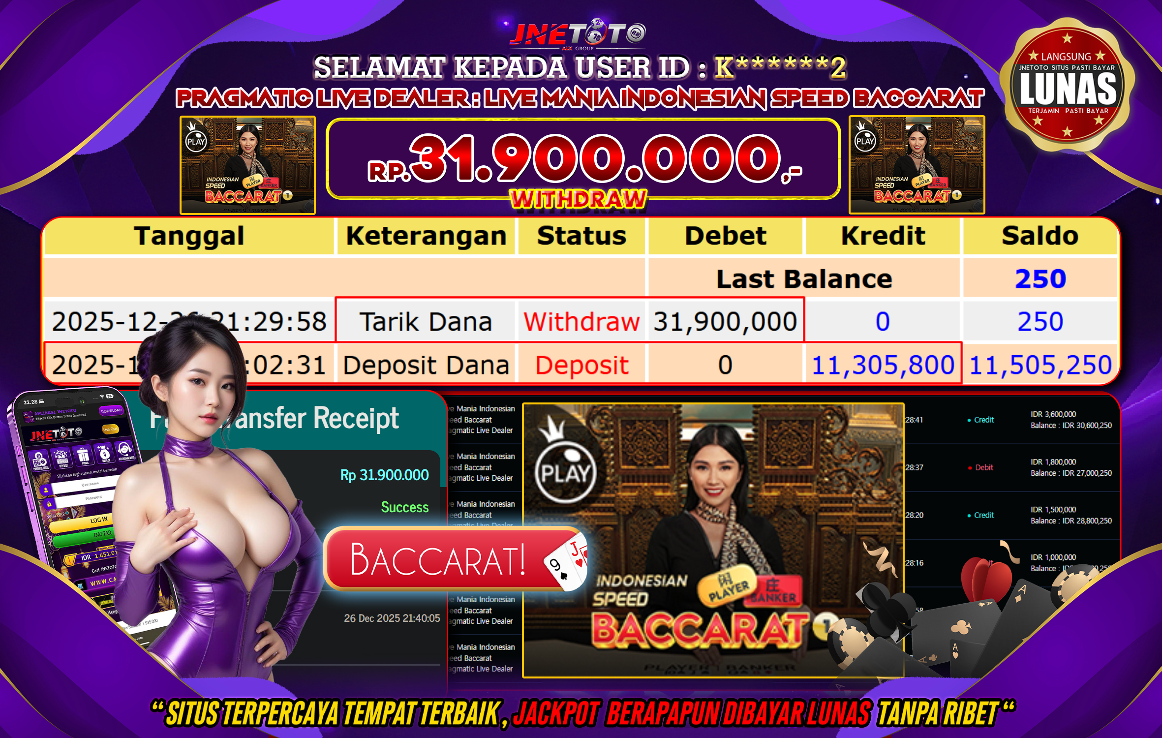 Bukti Jackpot JNETOTO di PRAGMATIC LIVE DEALER : Live Mania Indonesian Speed Baccarat Rp,31.900.000 LUNAS!