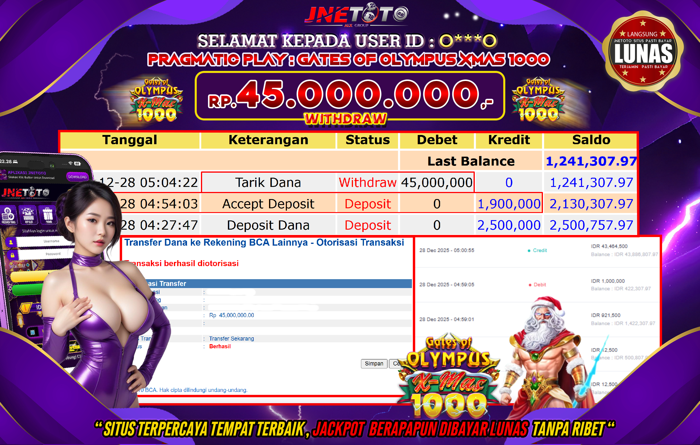 Bukti Jackpot JNETOTO di PRAGMATIC PLAY : Gates Of Olympus Xmas 1000 Rp,45.000.000 LUNAS!