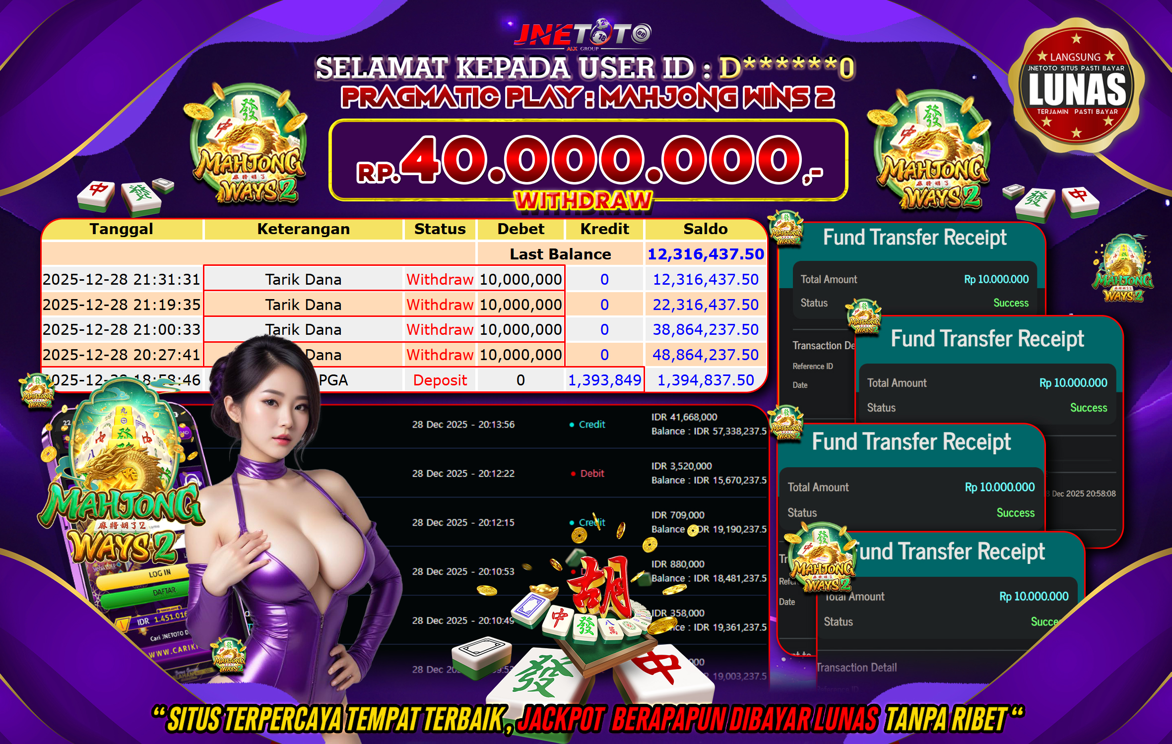 Bukti Jackpot JNETOTO di PRAGMATIC PLAY : Mahjong Wins 2 Rp,40.000.000 LUNAS!