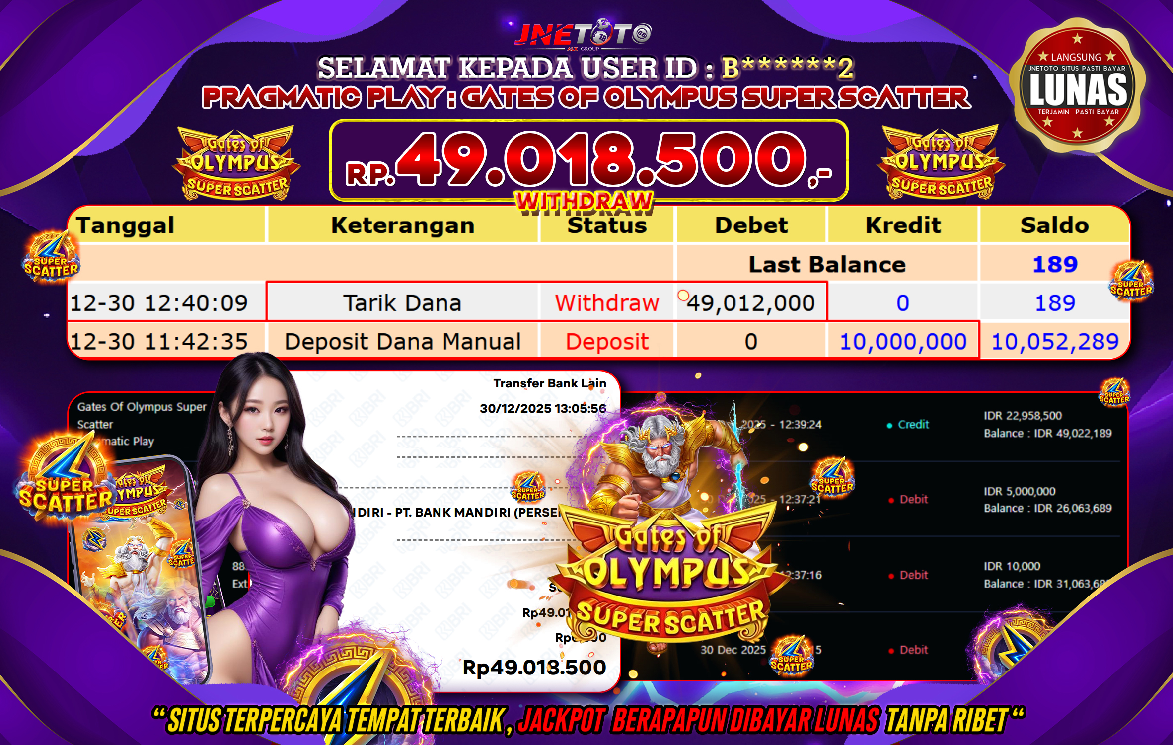 Bukti Jackpot JNETOTO di PRAGMATIC PLAY : Gates Of Olympus Super Scatter Rp,49.018.000 LUNAS!