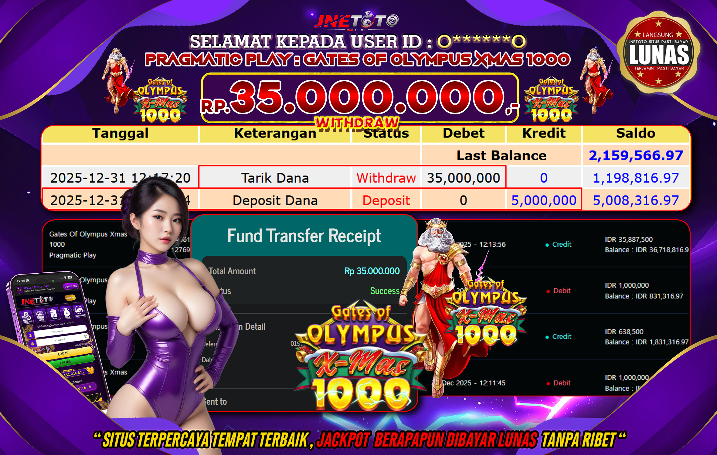 Bukti Jackpot JNETOTO di PRAGMATIC PLAY : Gates Of Olympus Xmas 1000 Rp,35.000.000 LUNAS!