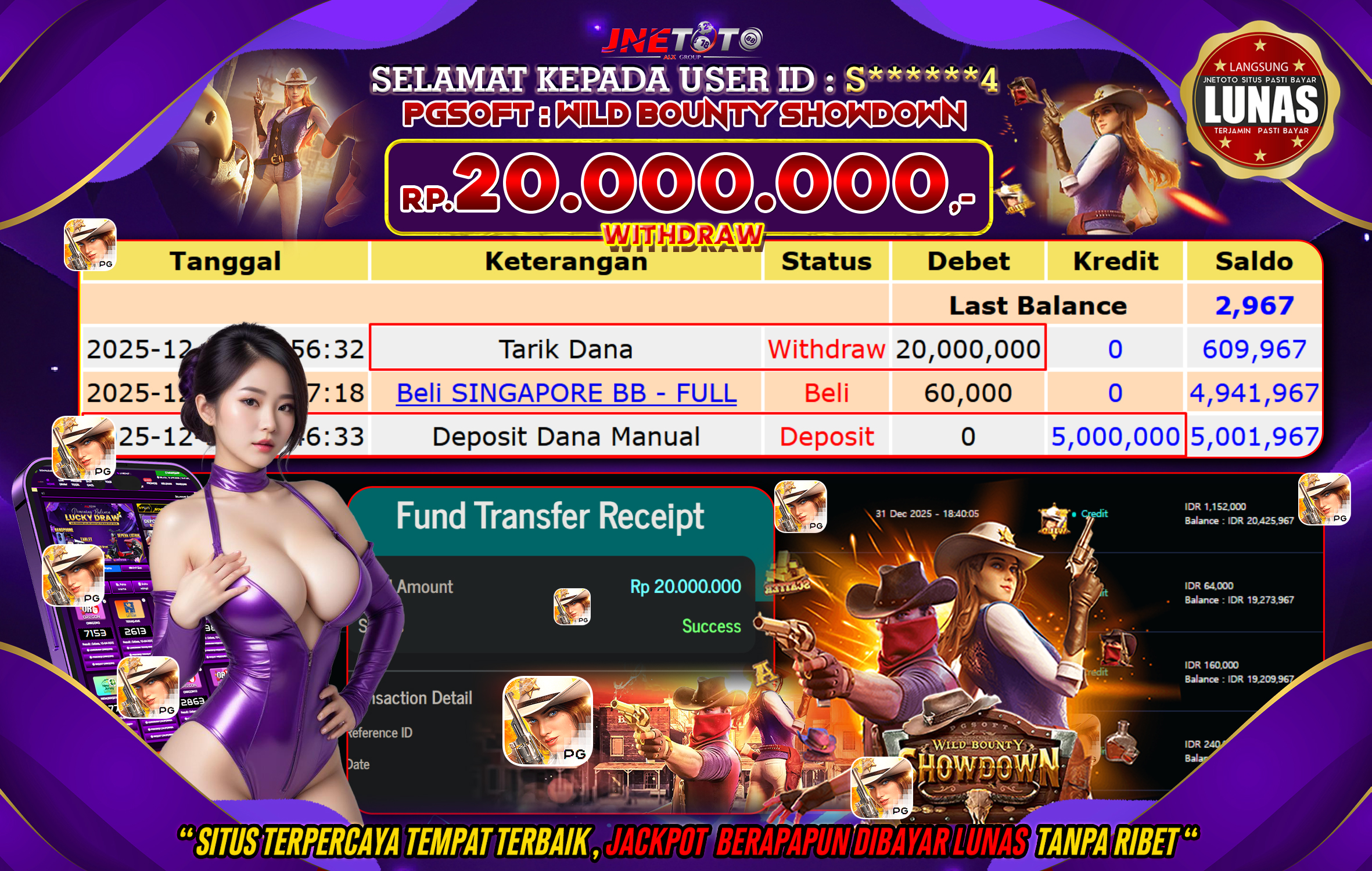 Bukti Jackpot JNETOTO di PGSOFT : Wild Bounty Showdown Rp,20.000.000 LUNAS!