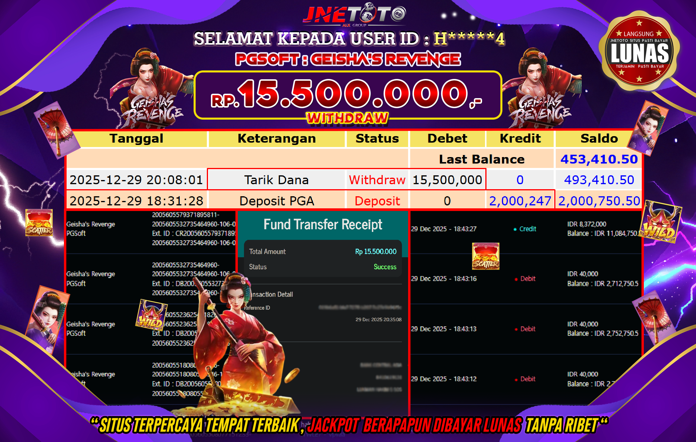 Bukti Jackpot JNETOTO di PGSOFT : Geishas Revenge Rp,15.500.000 LUNAS!