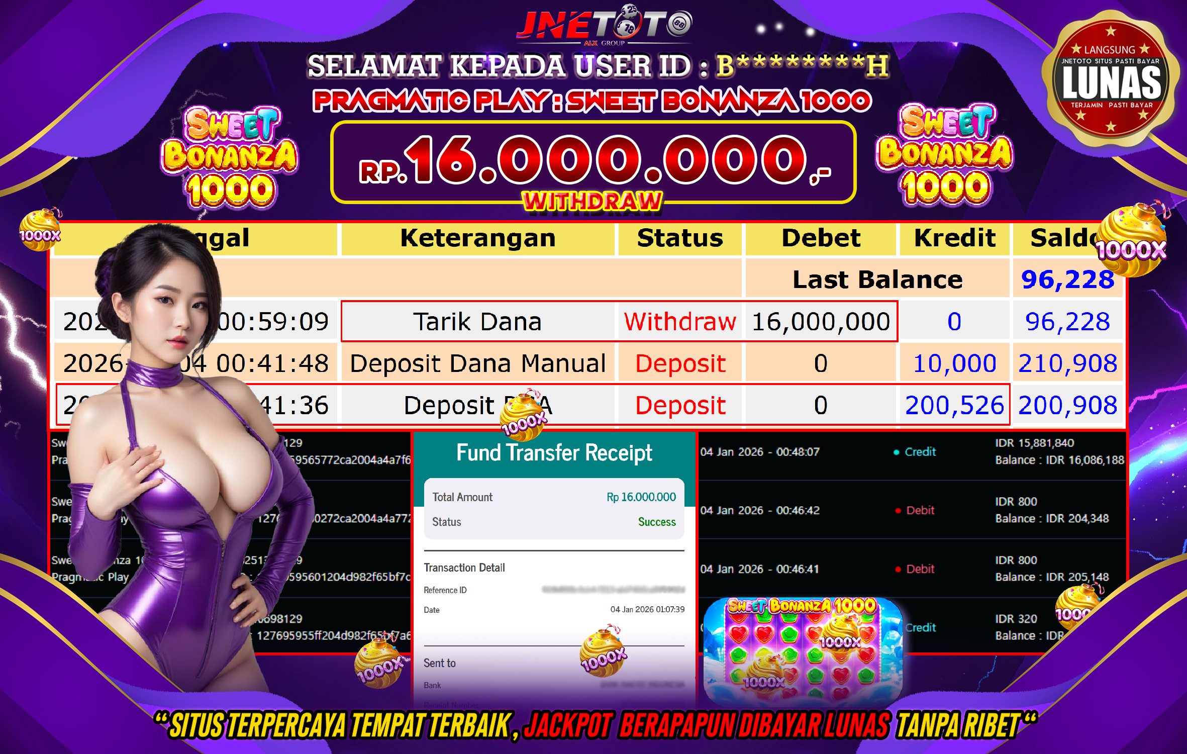 Bukti Jackpot JNETOTO di PRAGMATIC PLAY : Sweet Bonanza 1000 Rp,16.000.000 LUNAS!