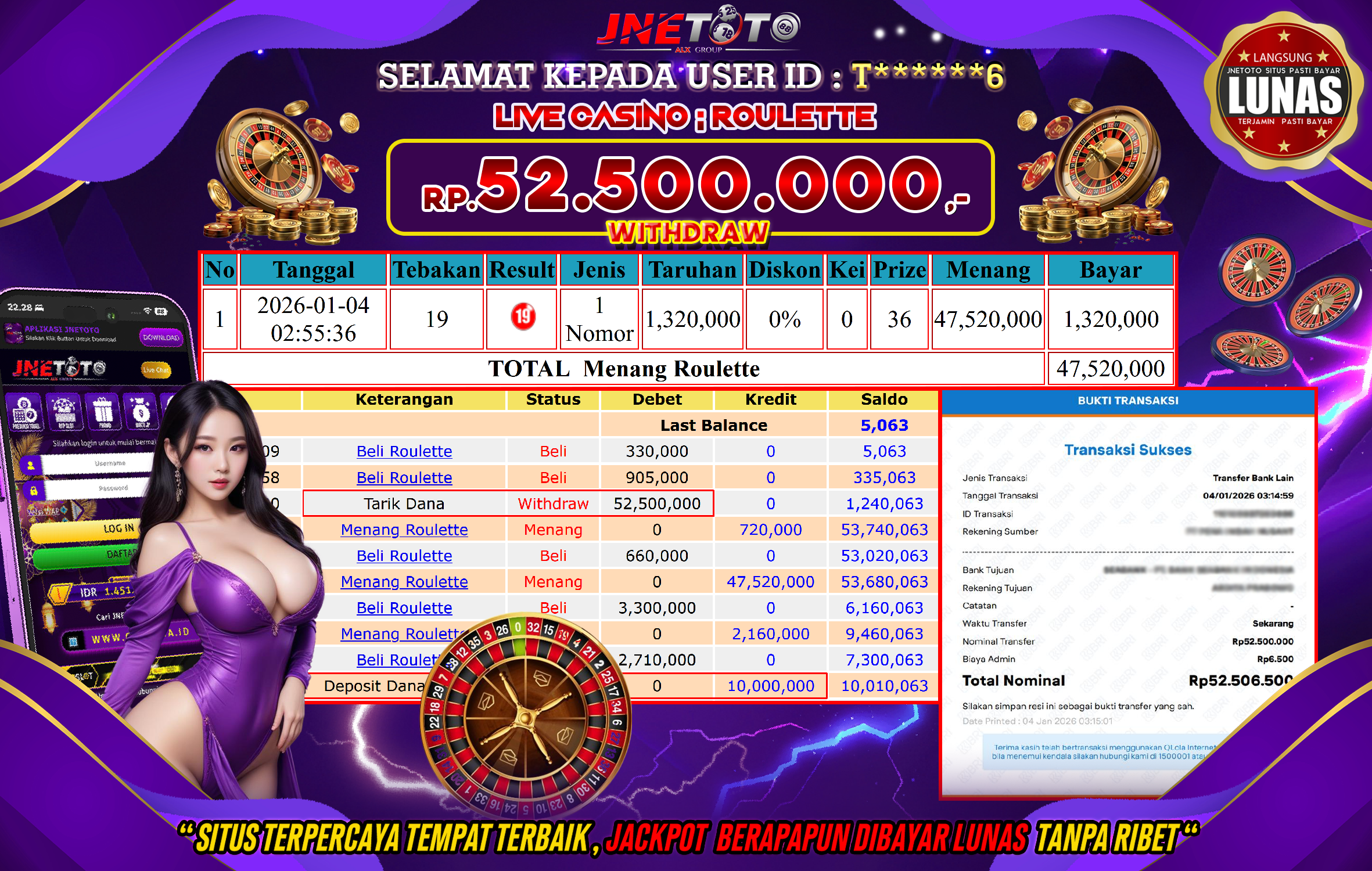Bukti Jackpot JNETOTO di LIVE CASINO : Roulette Rp,52.500.000 LUNAS!