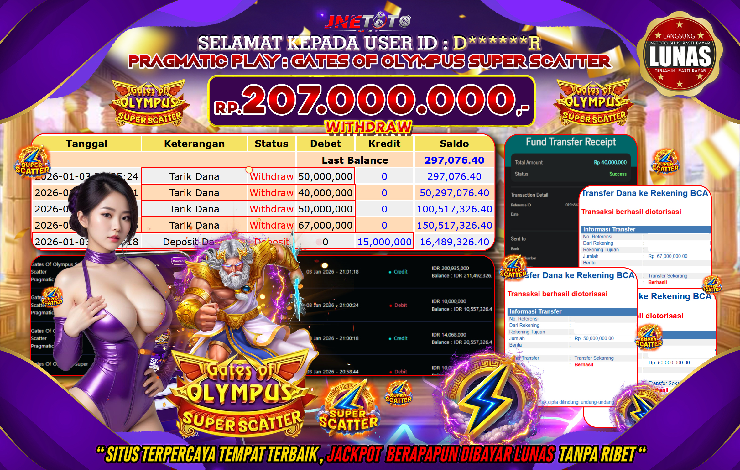 Bukti Jackpot JNETOTO di PRAGMATIC PLAY : Gates Of Olympus Super Scatter Rp,207.000.000 LUNAS!