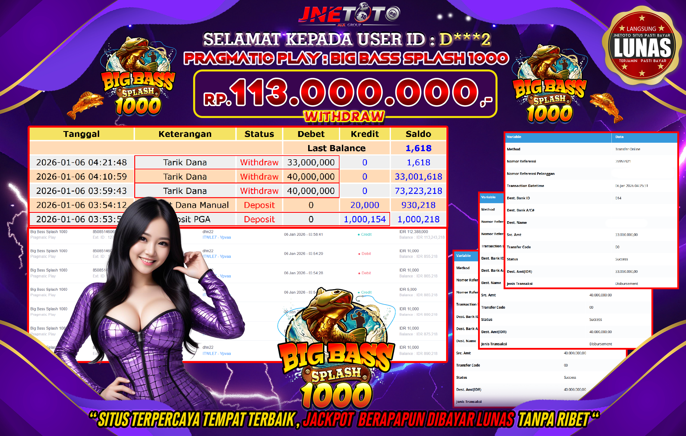 Bukti Jackpot JNETOTO di PRAGMATIC PLAY : Big Blash Splash 1000 Rp,113.000.000 LUNAS!