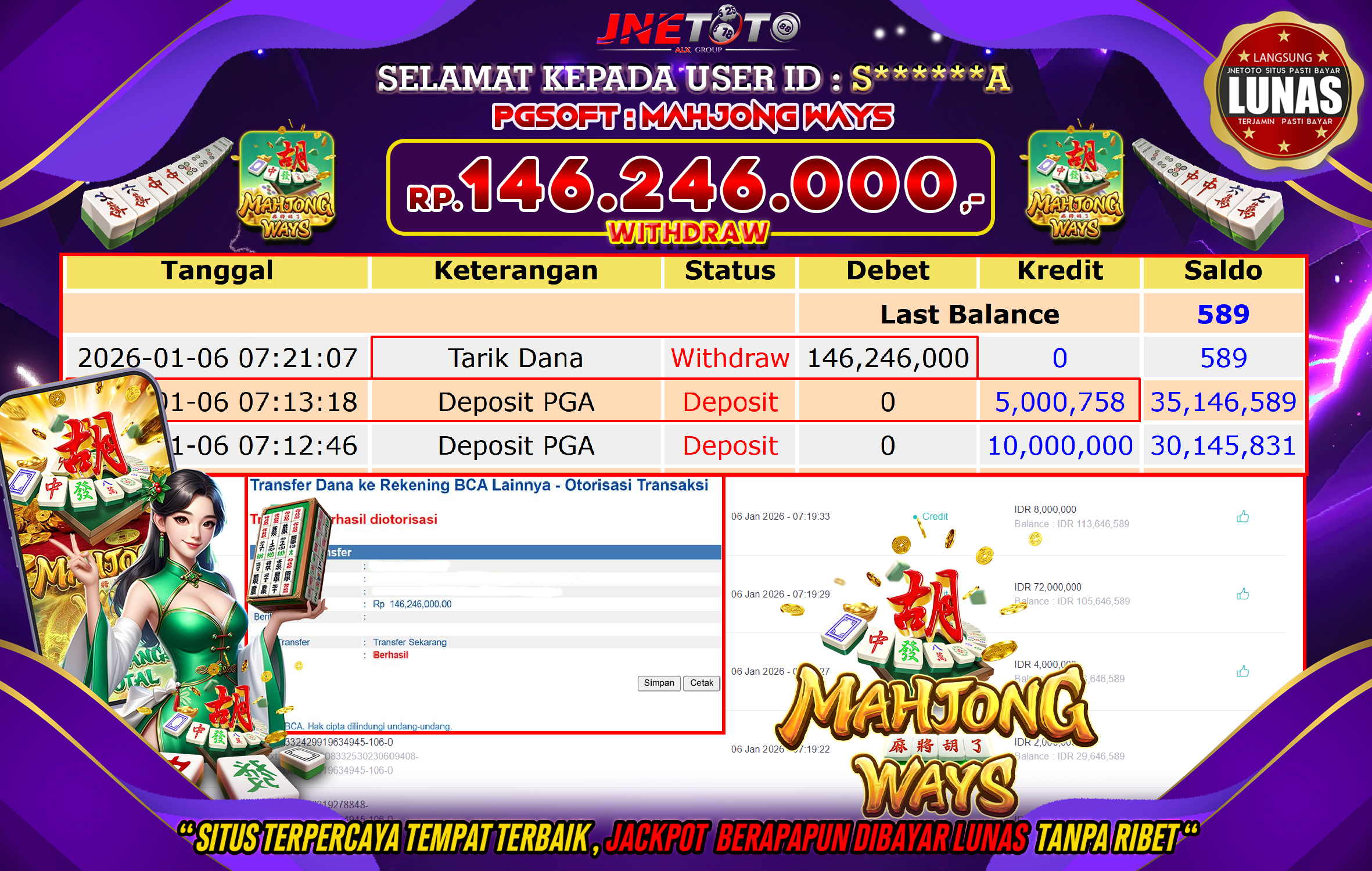 Bukti Jackpot JNETOTO di PGSOFT : Mahjong Ways Rp,146.246.000 LUNAS!