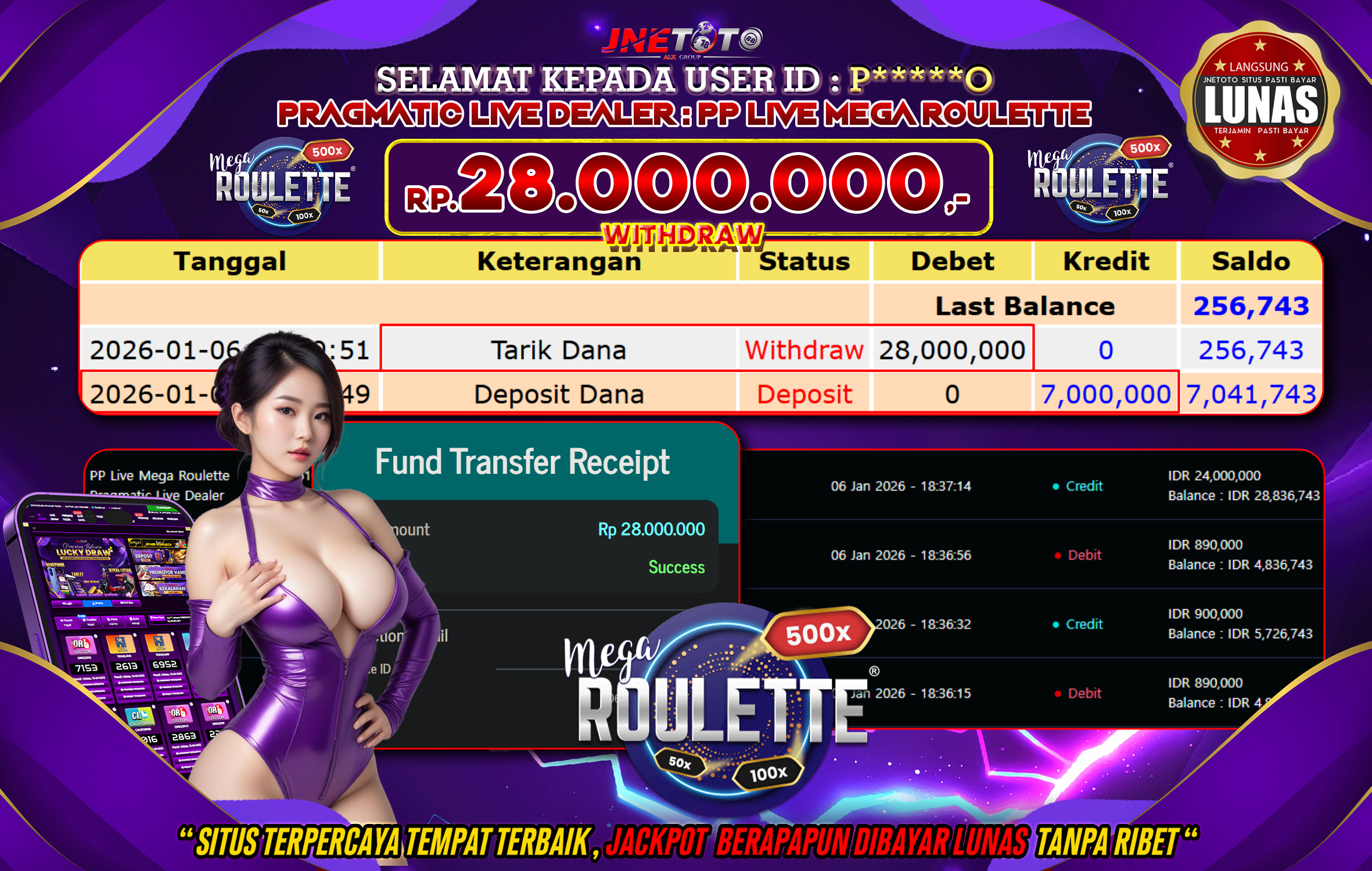 Bukti Jackpot JNETOTO di PRAGMATIC LIVE DEALER : PP Live Mega Roulette Rp,28.000.000 LUNAS!