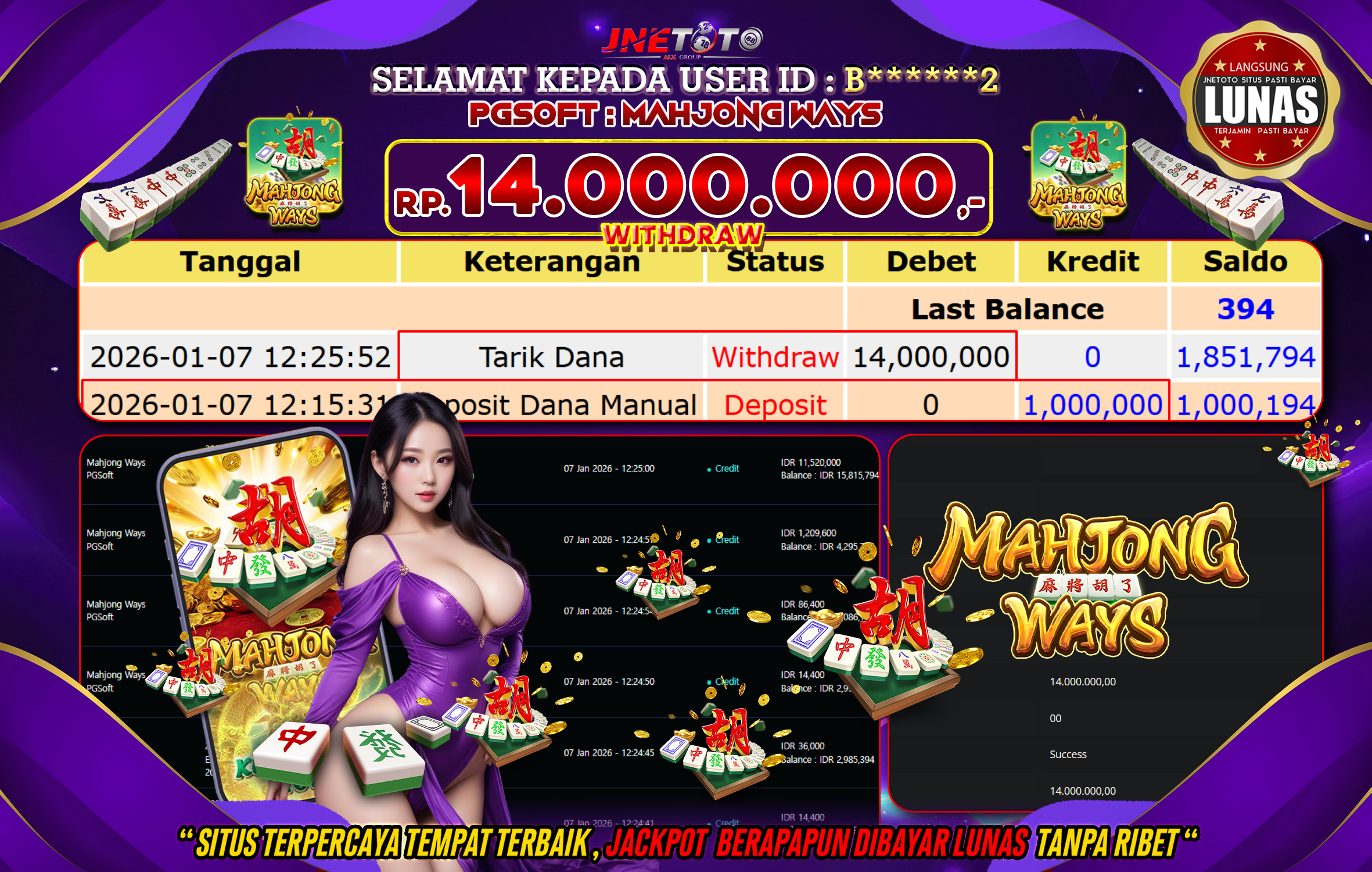 Bukti Jackpot JNETOTO di PGSOFT : Mahjong Ways Rp,14.000.000 LUNAS!