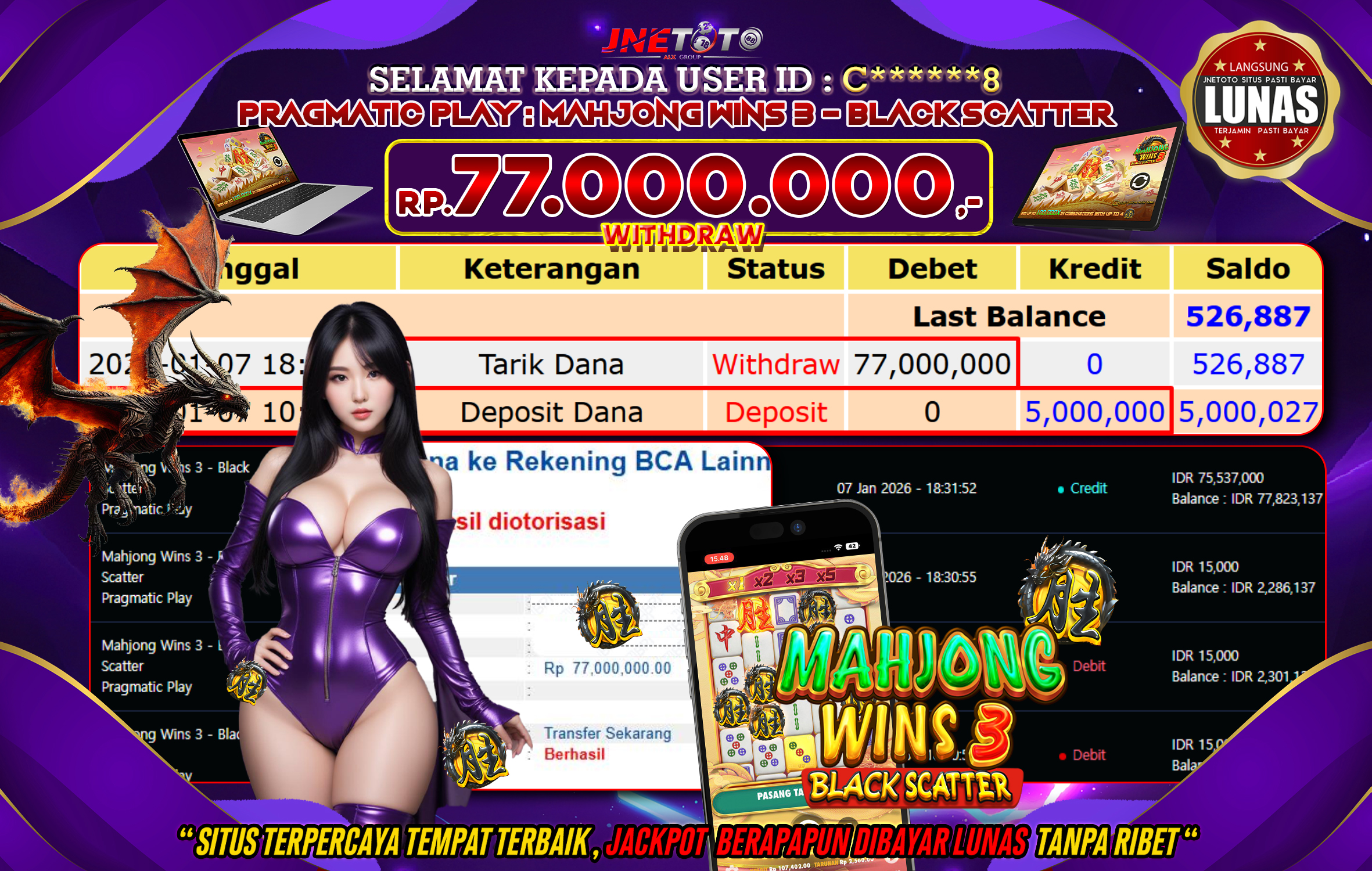 Bukti Jackpot JNETOTO di PRAGMATIC PLAY : Mahjong Wins 3 Black Scatter Rp,77.000.000 LUNAS!