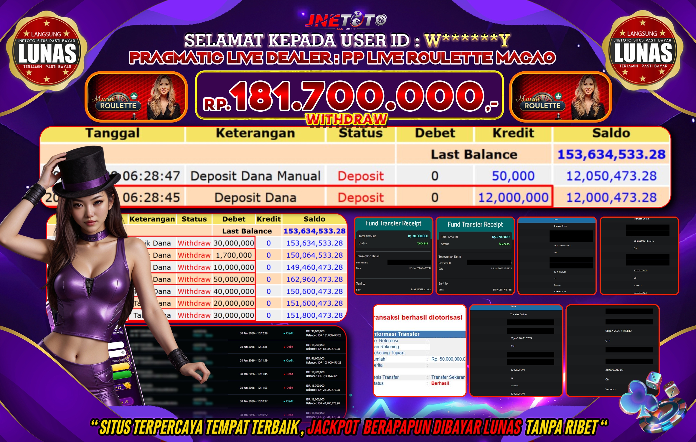 Bukti Jackpot JNETOTO di PRAGMATIC LIVE DEALER : PP Live Roulette Macau Rp,181.700.000 LUNAS!