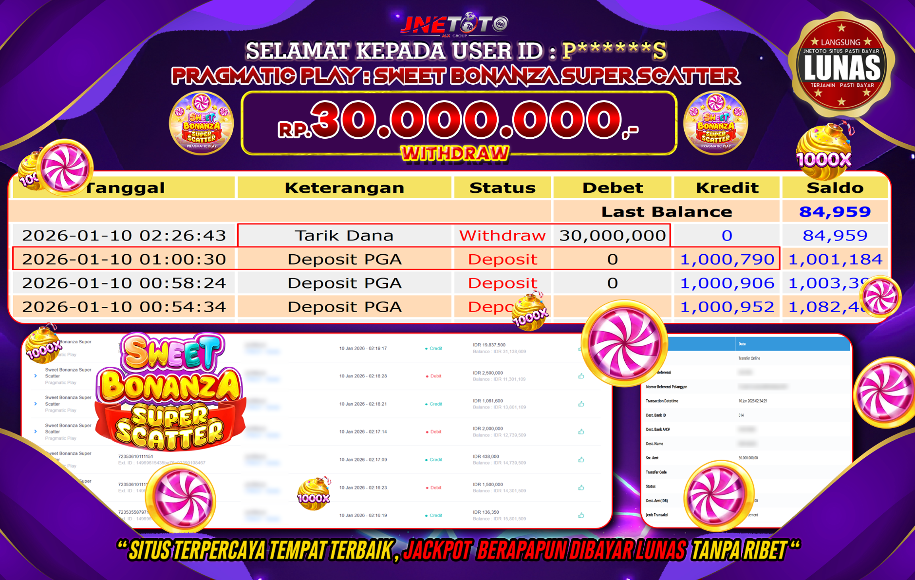 Bukti Jackpot JNETOTO di PRAGMATIC PLAY : Sweet Bonanza Super Scatter Rp,30.000.000 LUNAS!