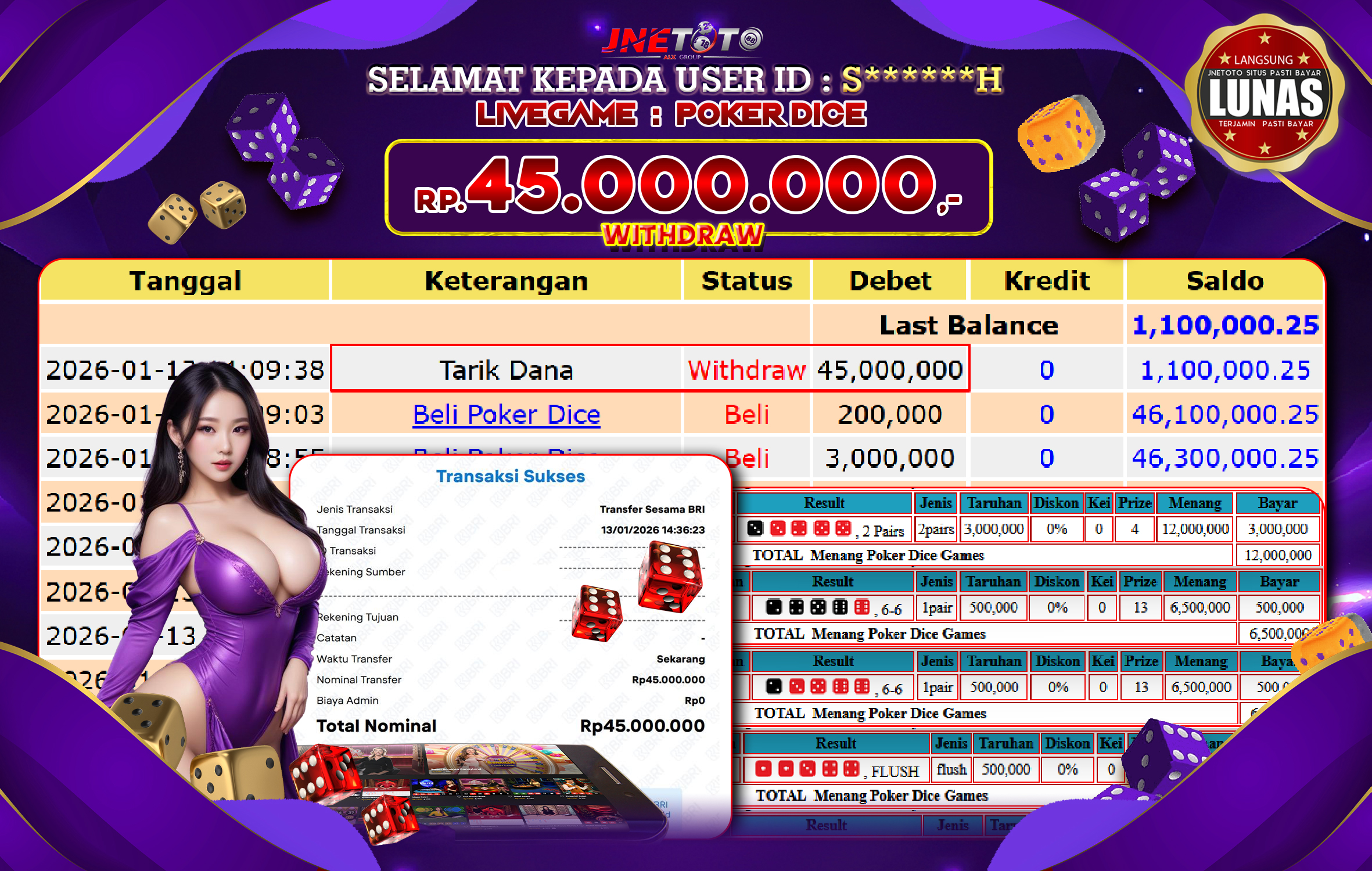 Bukti Jackpot JNETOTO di LIVE GAME : POKER DICE Rp,45.000.000 LUNAS!