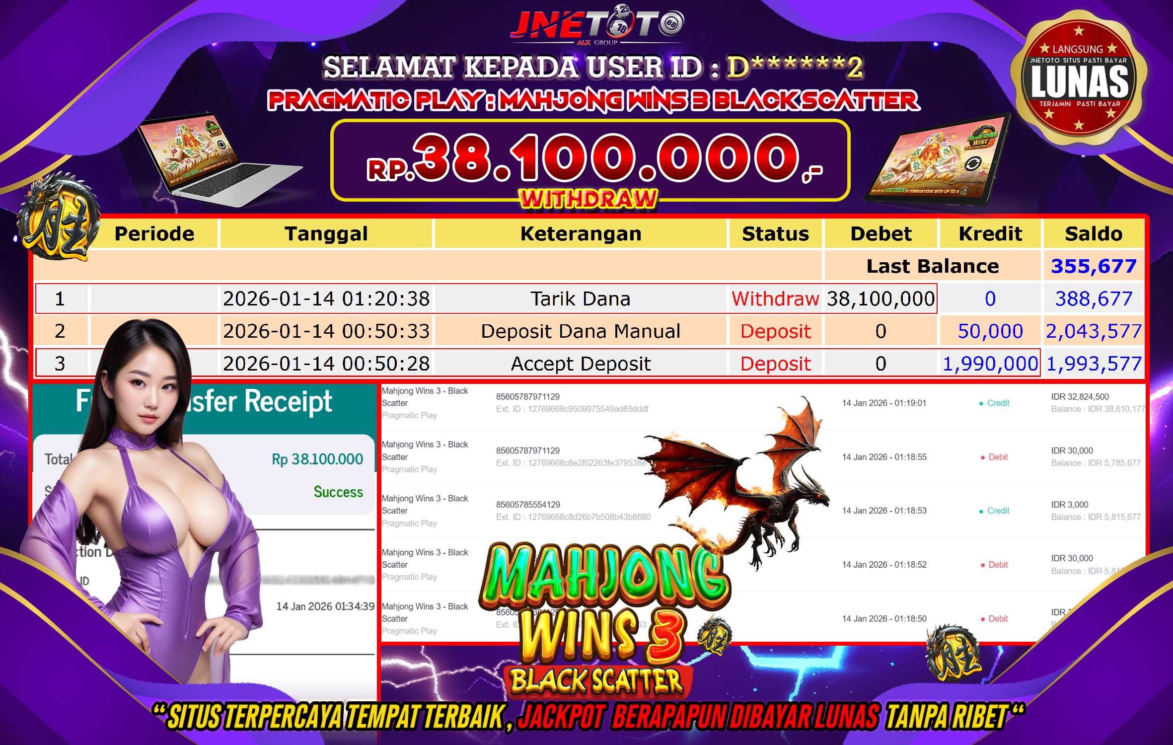 Bukti Jackpot JNETOTO di PRAGMATIC PLAY : Mahjong Black Wins 3 Black Scatter Rp,38.100.000 LUNAS!