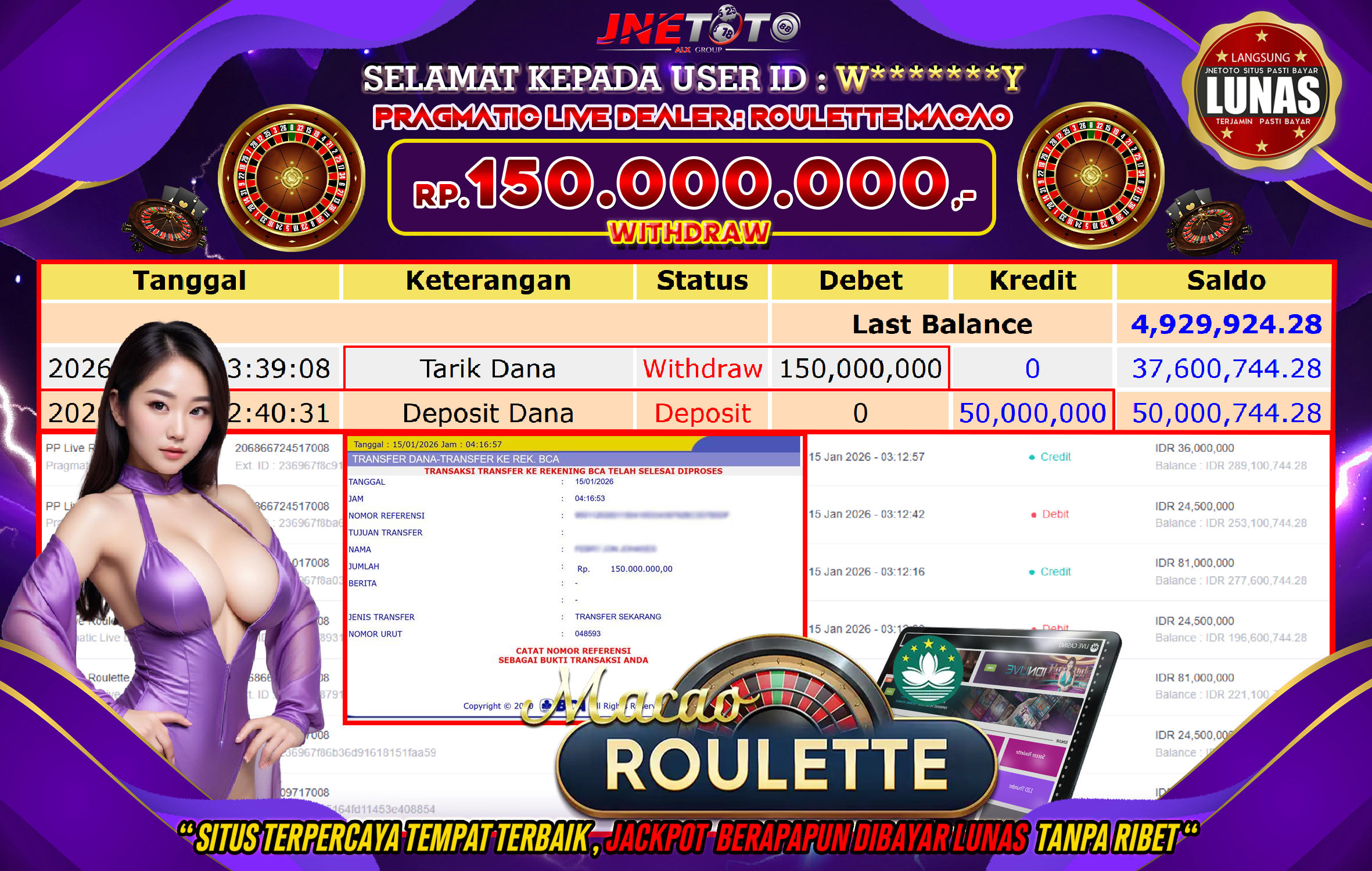 Bukti Jackpot JNETOTO di PRAGMATIC LIVE DEALER : Roulette Macao Rp,150.000.000 LUNAS!