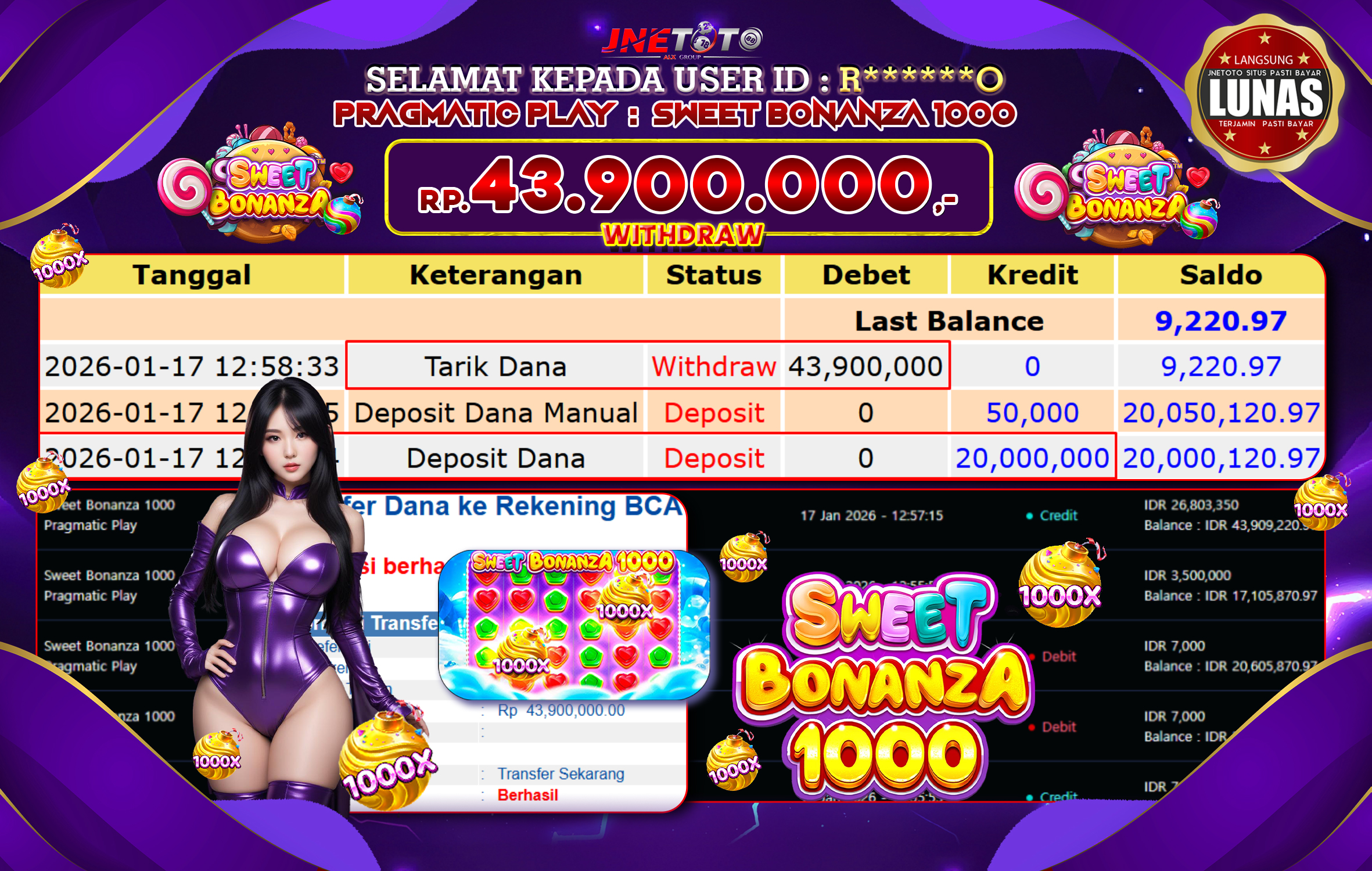 Bukti Jackpot JNETOTO di PRAGMATIC PLAY : Sweet bonanza 1000 Rp,43.900.000 LUNAS!