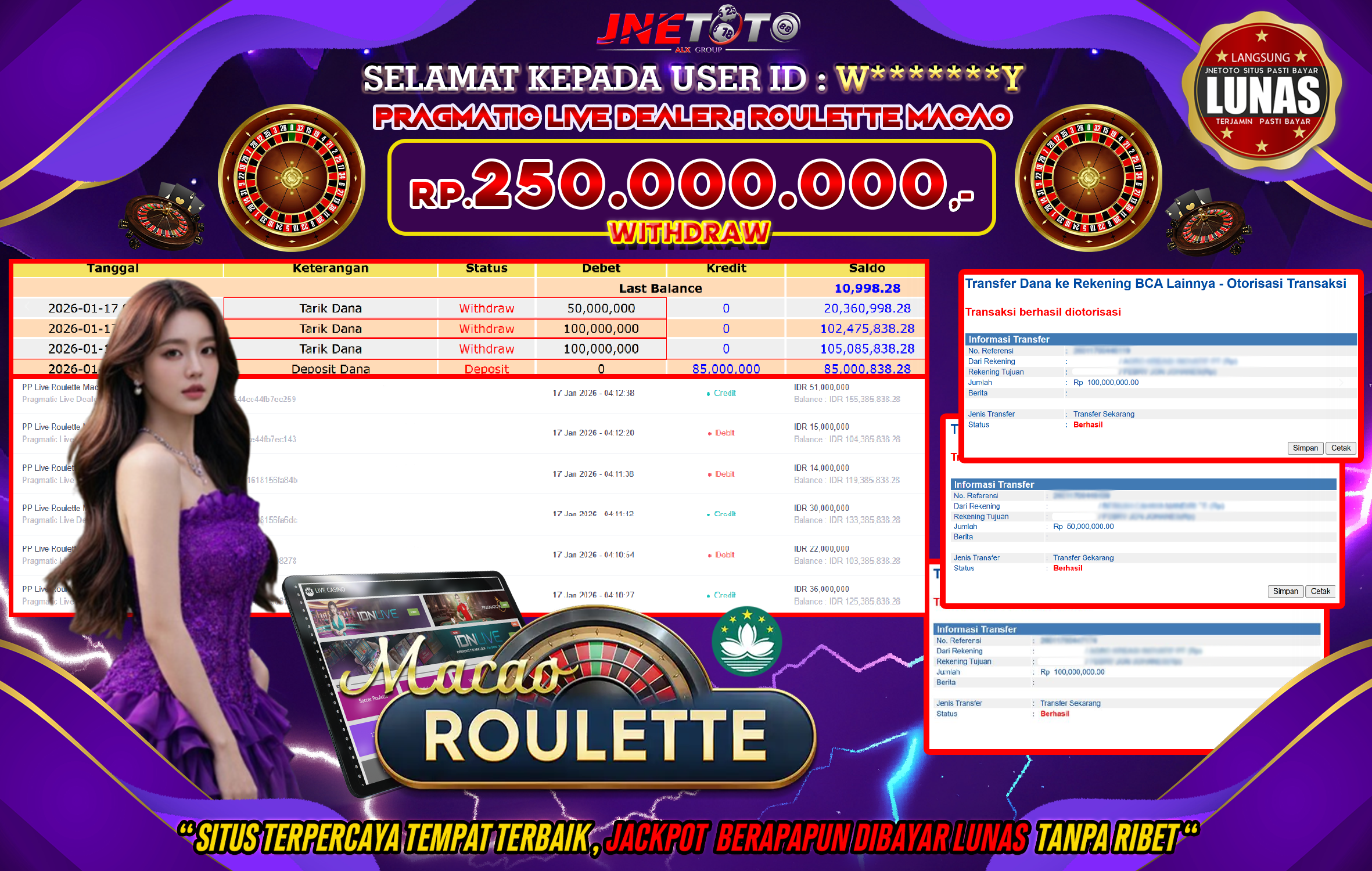 Bukti Jackpot JNETOTO di PRAGMATIC LIVE DEALER : Roulette Macao Rp,250.000.000 LUNAS!