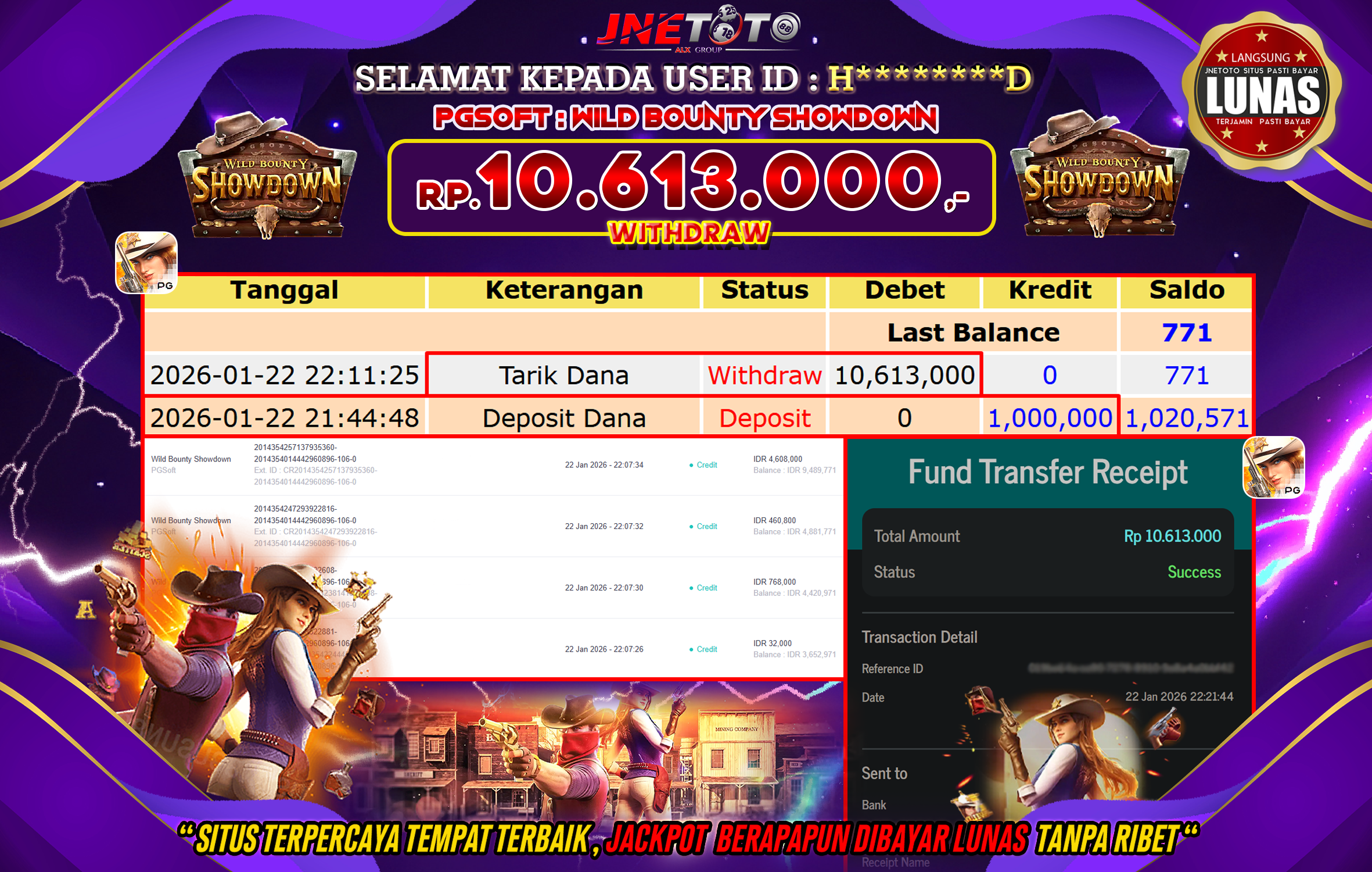 Bukti Jackpot JNETOTO di PGSOFT : Wild Bounty Showdown Rp,10.613.000 LUNAS!