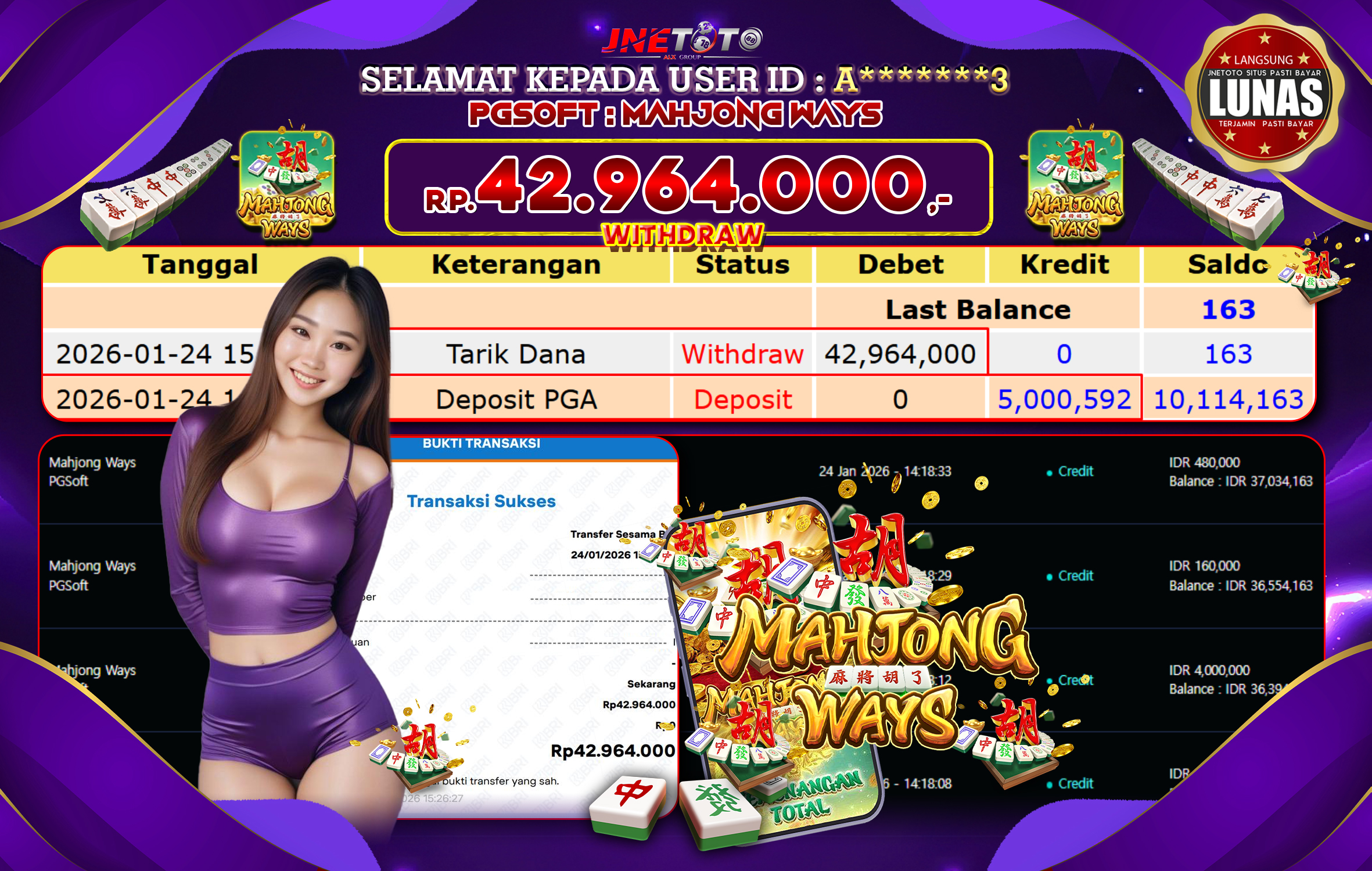 Bukti Jackpot JNETOTO di PGSOFT : Mahjong Ways Rp,42.964.000 LUNAS!