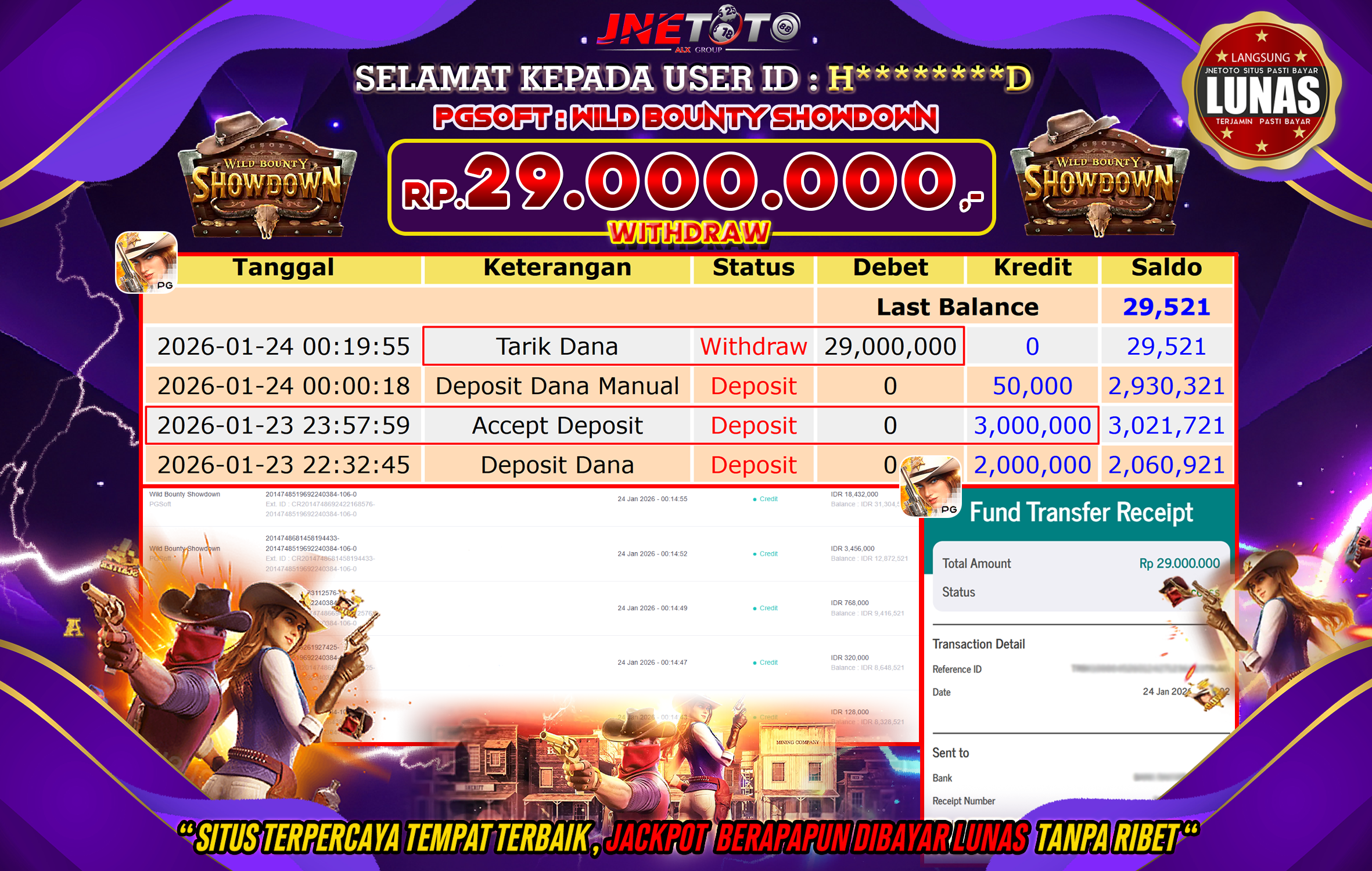 Bukti Jackpot JNETOTO di PGSOFT : Wild Bounty Showdown Rp,29.000.000 LUNAS!
