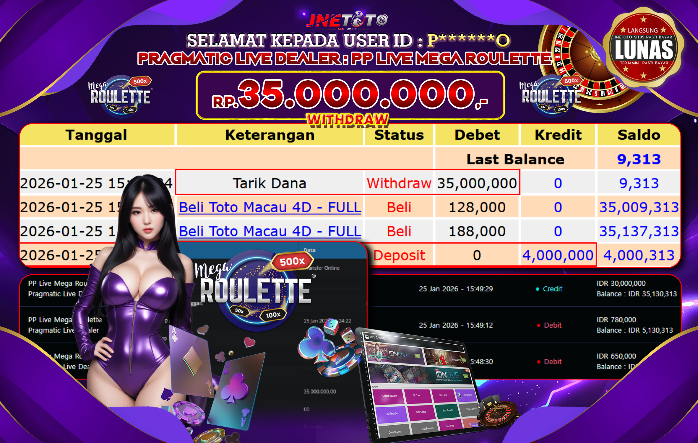 Bukti Jackpot JNETOTO di PRAGMATIC LIVE DEALER : PP Live Mega Roulette Rp,35.000.000 LUNAS!
