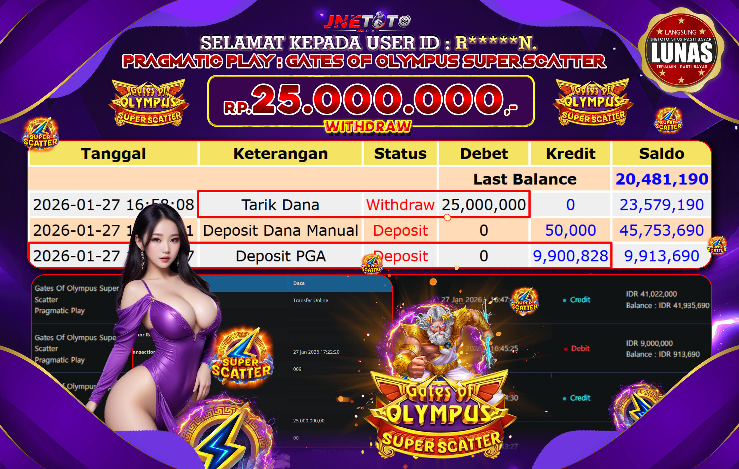 Bukti Jackpot JNETOTO di PRAGMATIC PLAY : Gates Of Olympus Super Scatter Rp,25.000.000 LUNAS!