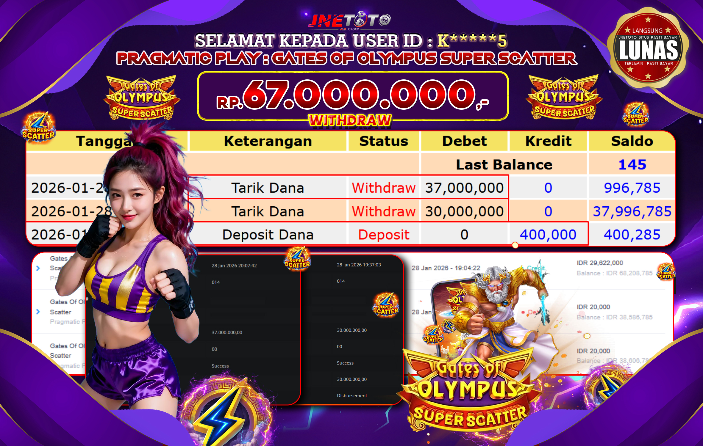 Bukti Jackpot JNETOTO di PRAGMATIC PLAY : Gates Of Olympus Super Scatter Rp,67.000.000 LUNAS!