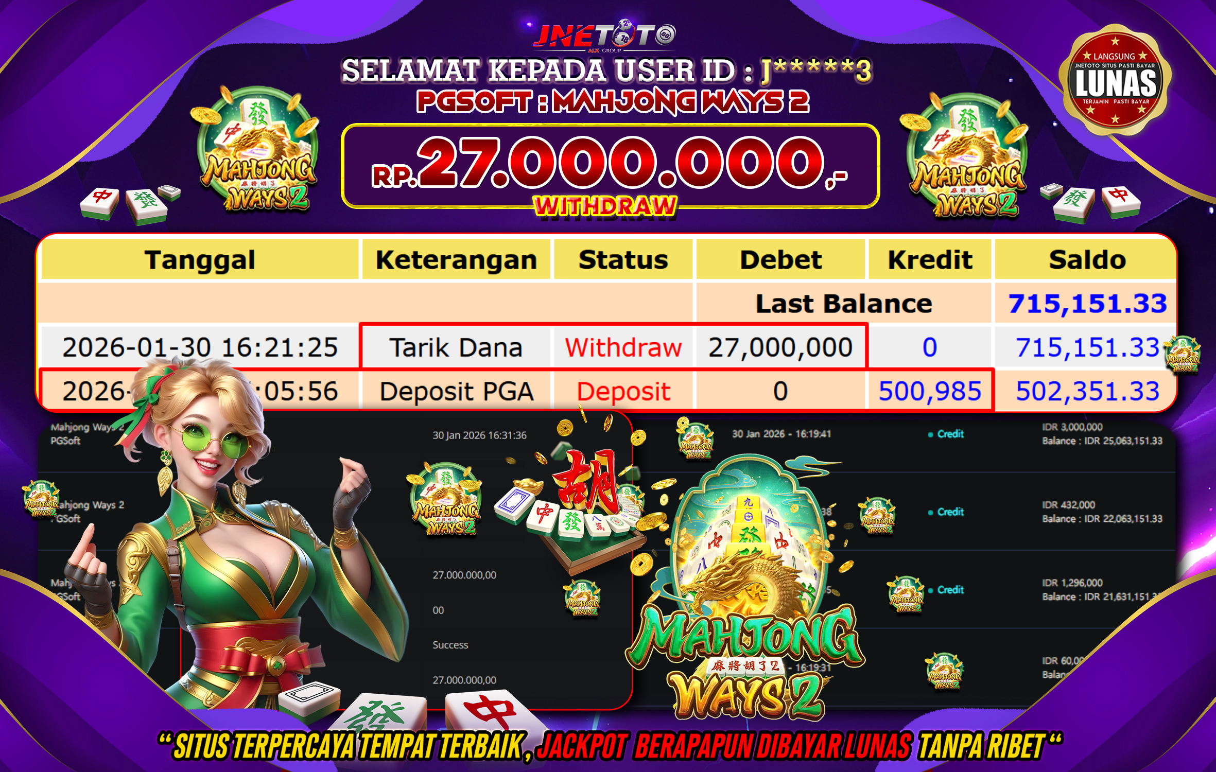 Bukti Jackpot JNETOTO di PGSOFT : Mahjong Ways 2 Rp,27.000.000 LUNAS!