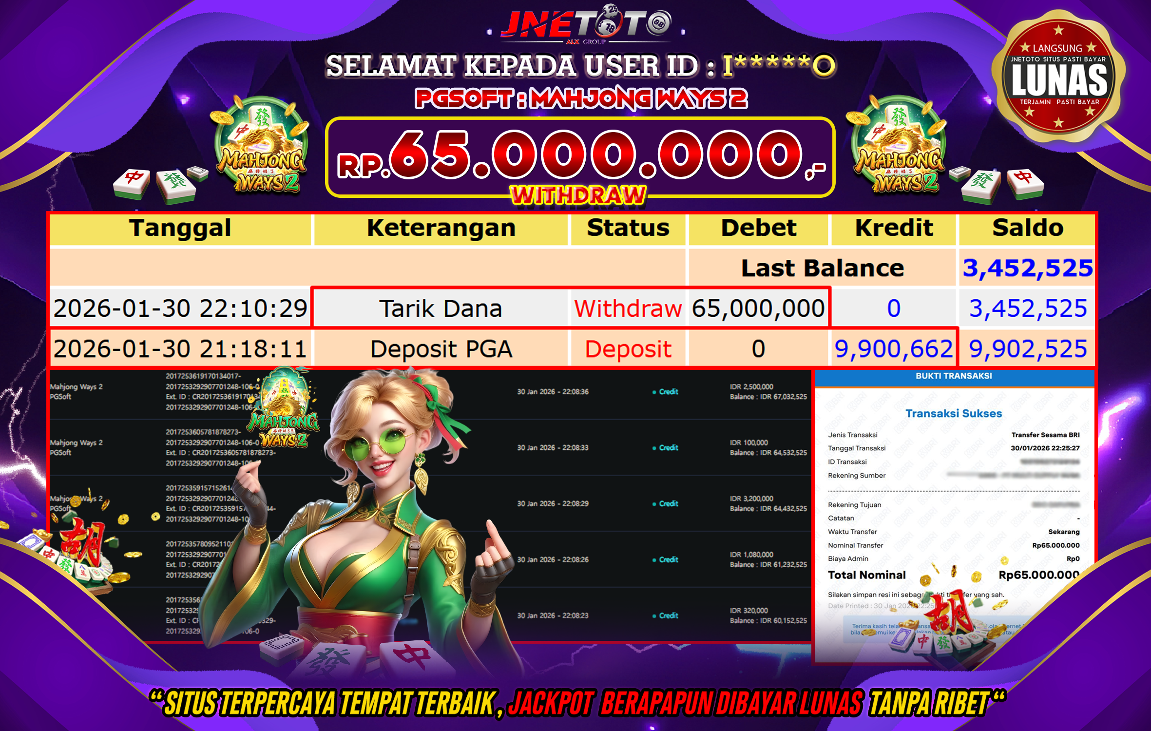 Bukti Jackpot JNETOTO di PGSOFT : Mahjong Ways 2 Rp,65.000.000 LUNAS!
