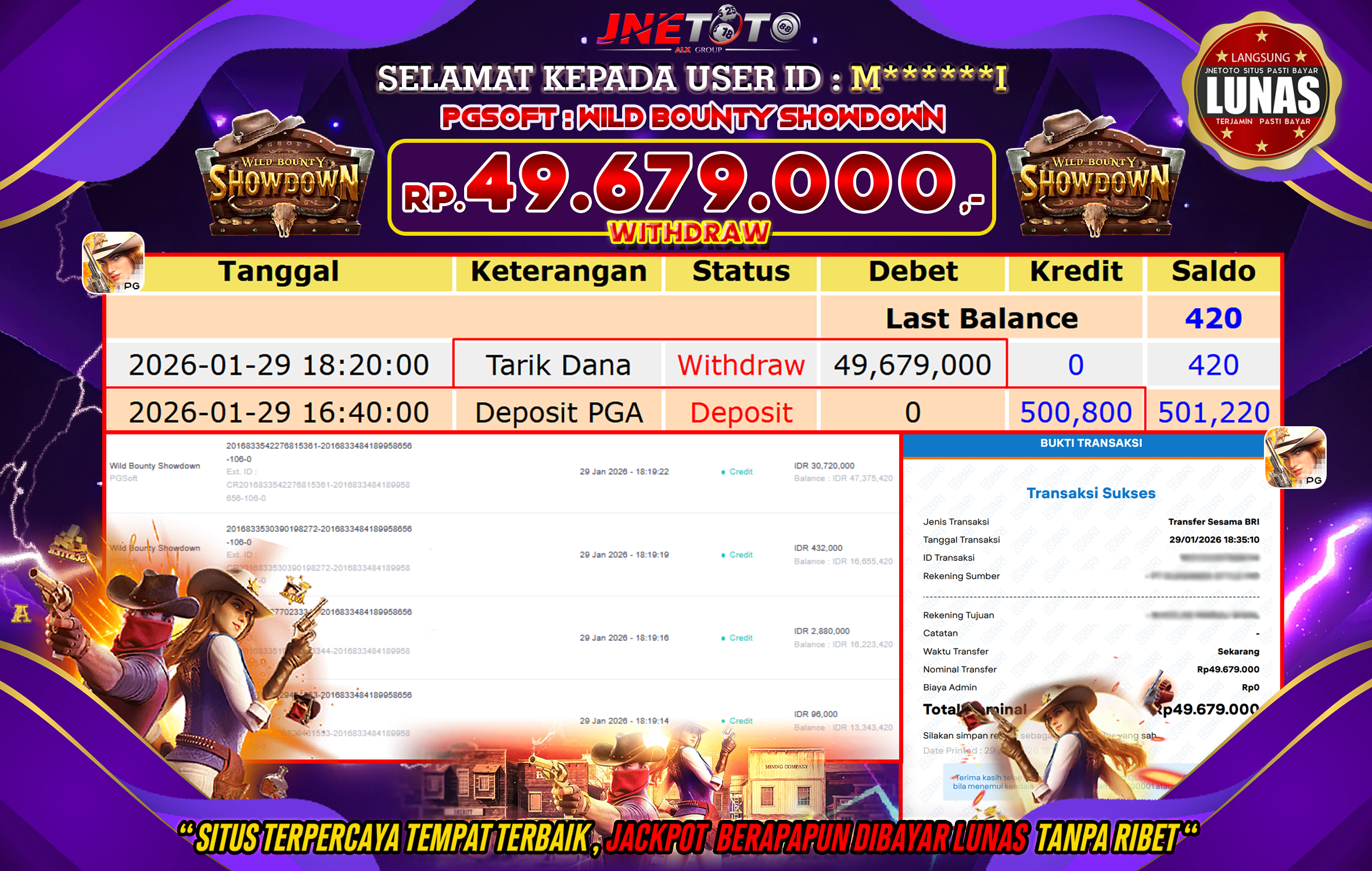 Bukti Jackpot JNETOTO di PGSOFT : Wild Bounty ShowDown Rp,49.679.000 LUNAS!